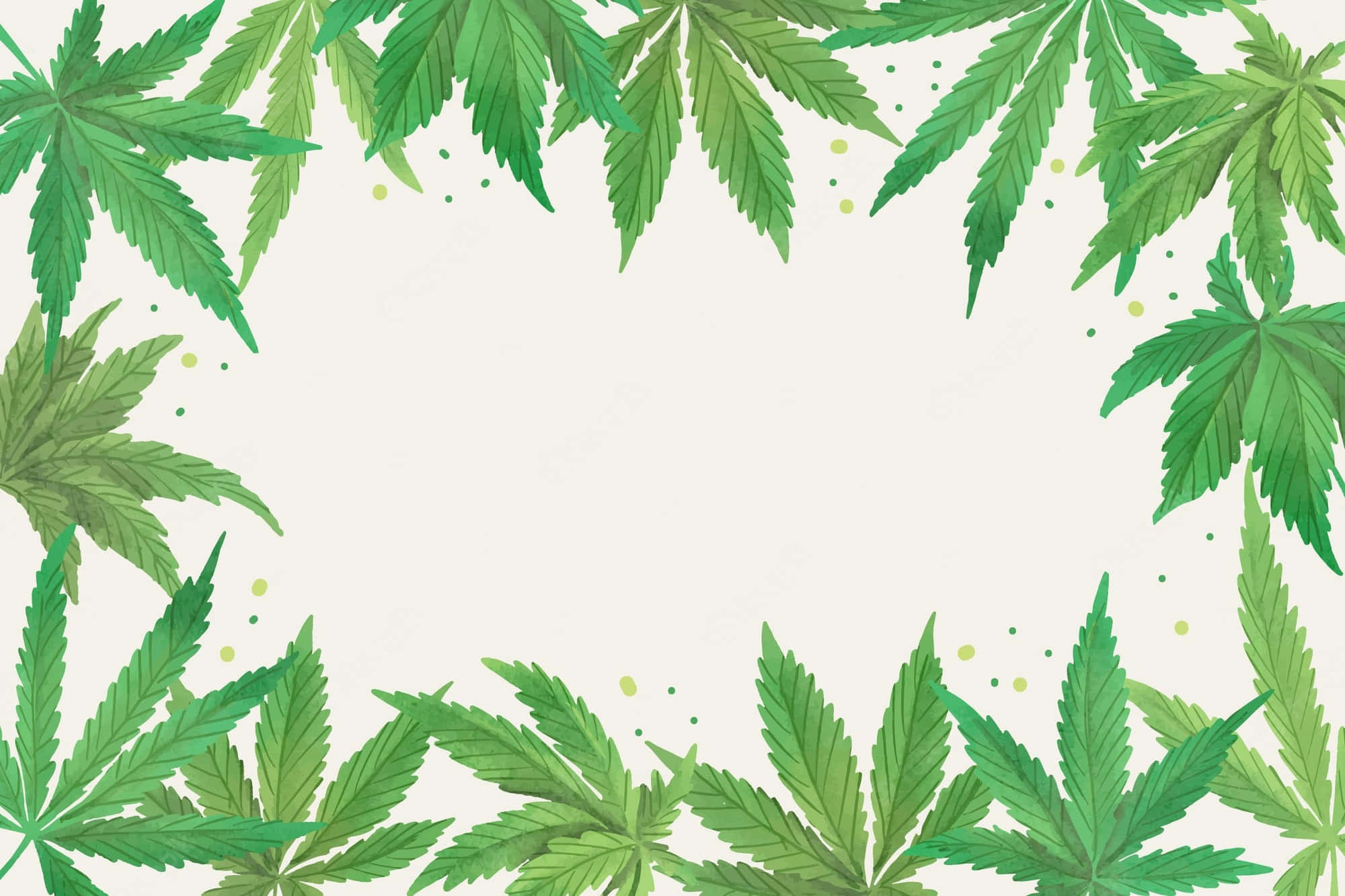 Marijuana Leaf 桌布 壁紙 — 充滿活力的綠色大麻葉在空白奶油色背景周圍形成自然邊框，並散落著黃色圓點。