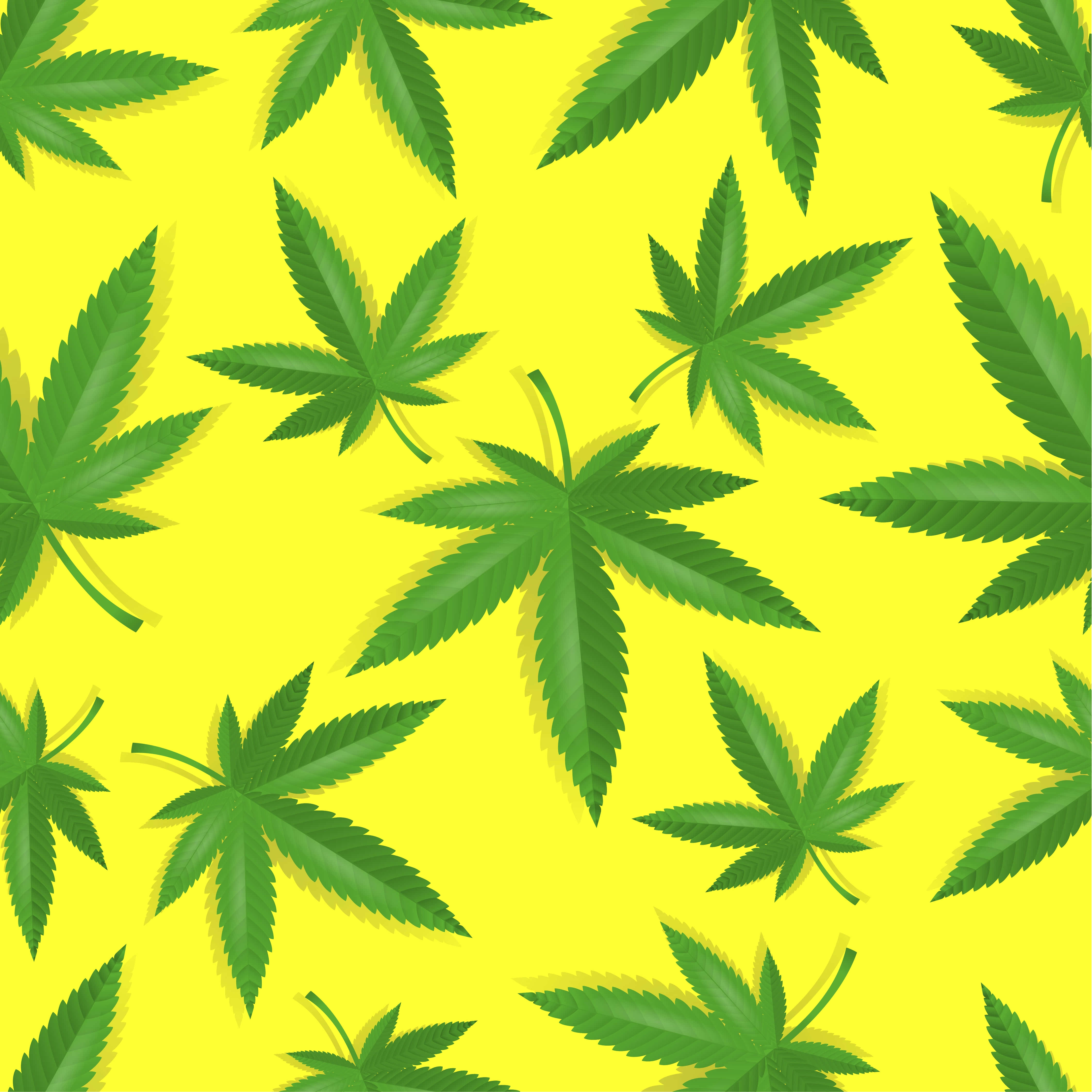 Marijuana Leaf 桌布 壁紙 — 充滿活力的綠色大麻葉在鮮明的黃色背景上漂浮，形成無縫的數位圖案。