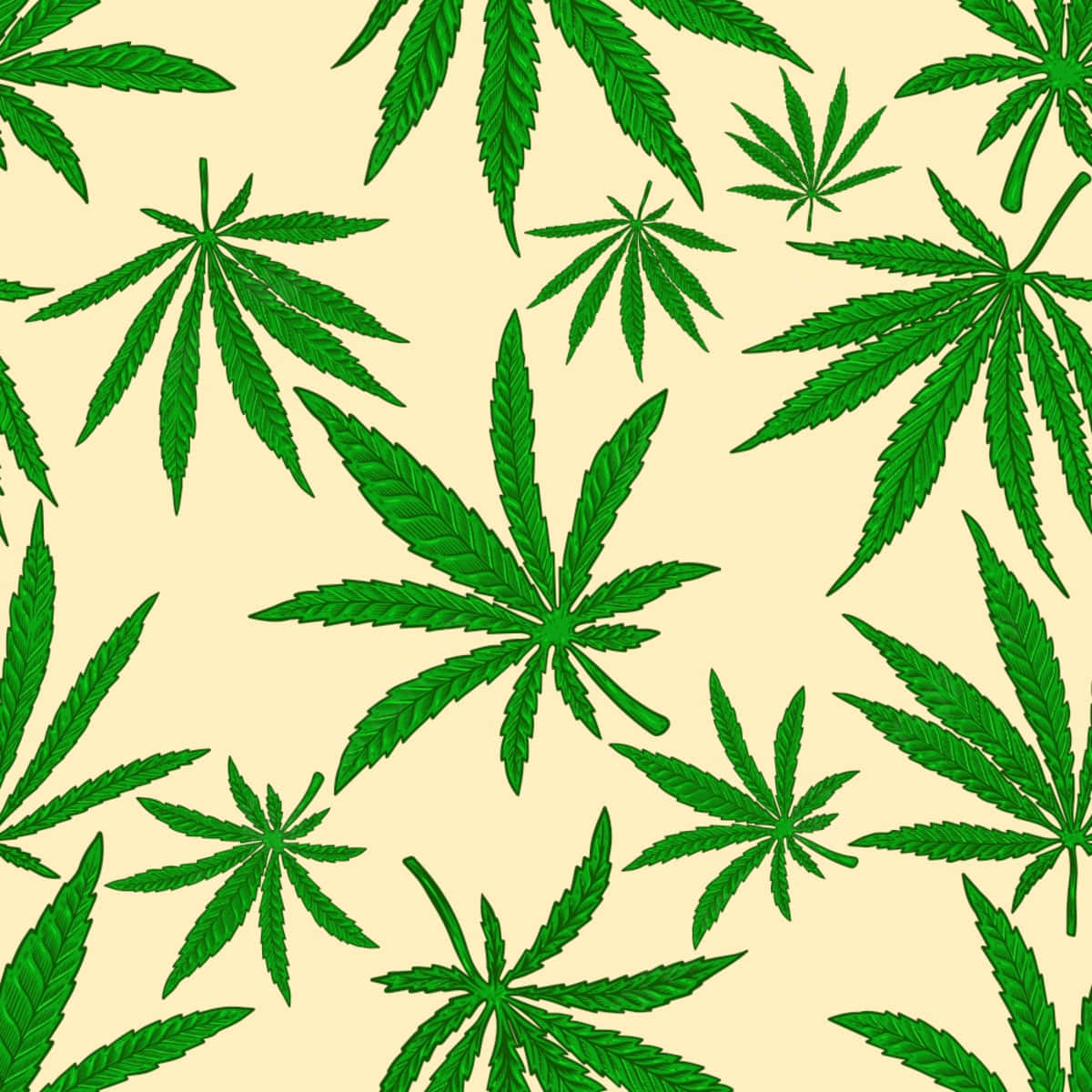 Green Leaves 桌布 壁紙 — 充滿活力的綠色大麻葉散落在奶油色米色背景上，形成無縫圖案。