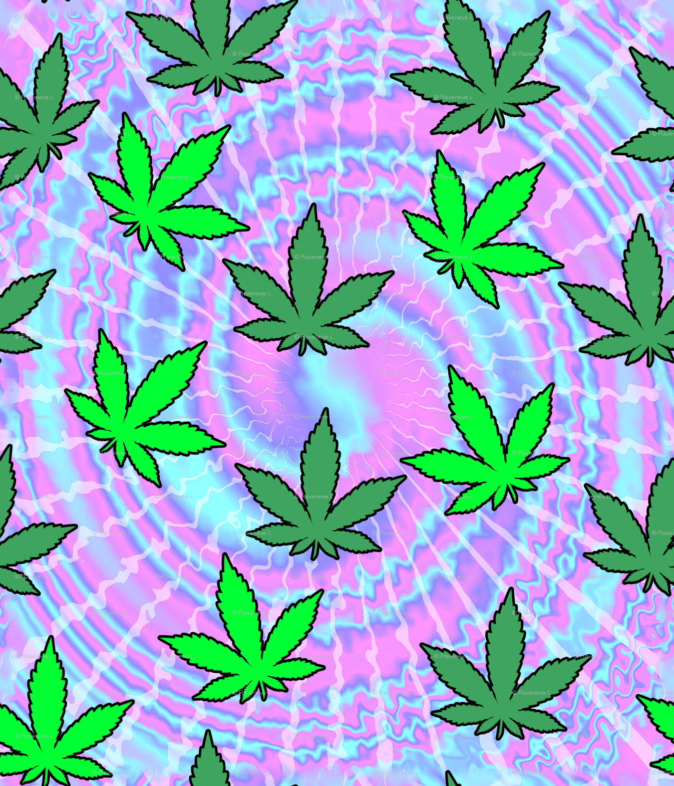 葉子 桌布 壁紙 — 充滿活力的綠色大麻葉漂浮在帶有波浪霓虹圖案的粉紅色和藍色迷幻漩渦中。