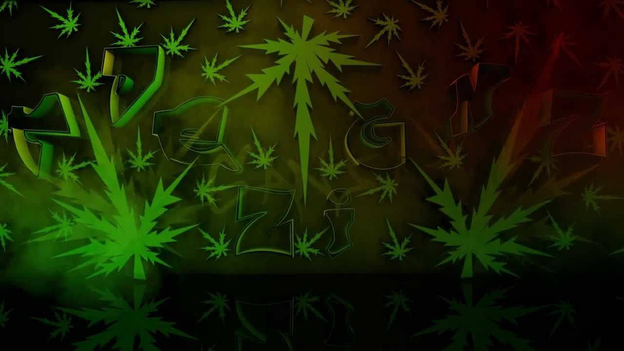 大麻 桌布 壁紙 — 充滿活力的綠色大麻葉漂浮在漸變背景上，帶有發光的霓虹字母。