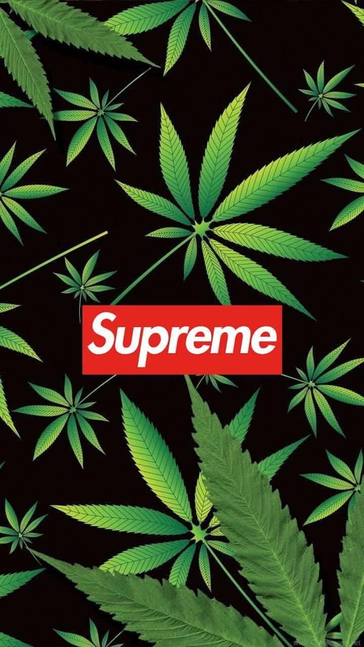 Weed Leaf 桌布 壁紙 — 充滿活力的綠色大麻葉漂浮在黑色背景上，中央有一個醒目的紅色Supreme標誌。