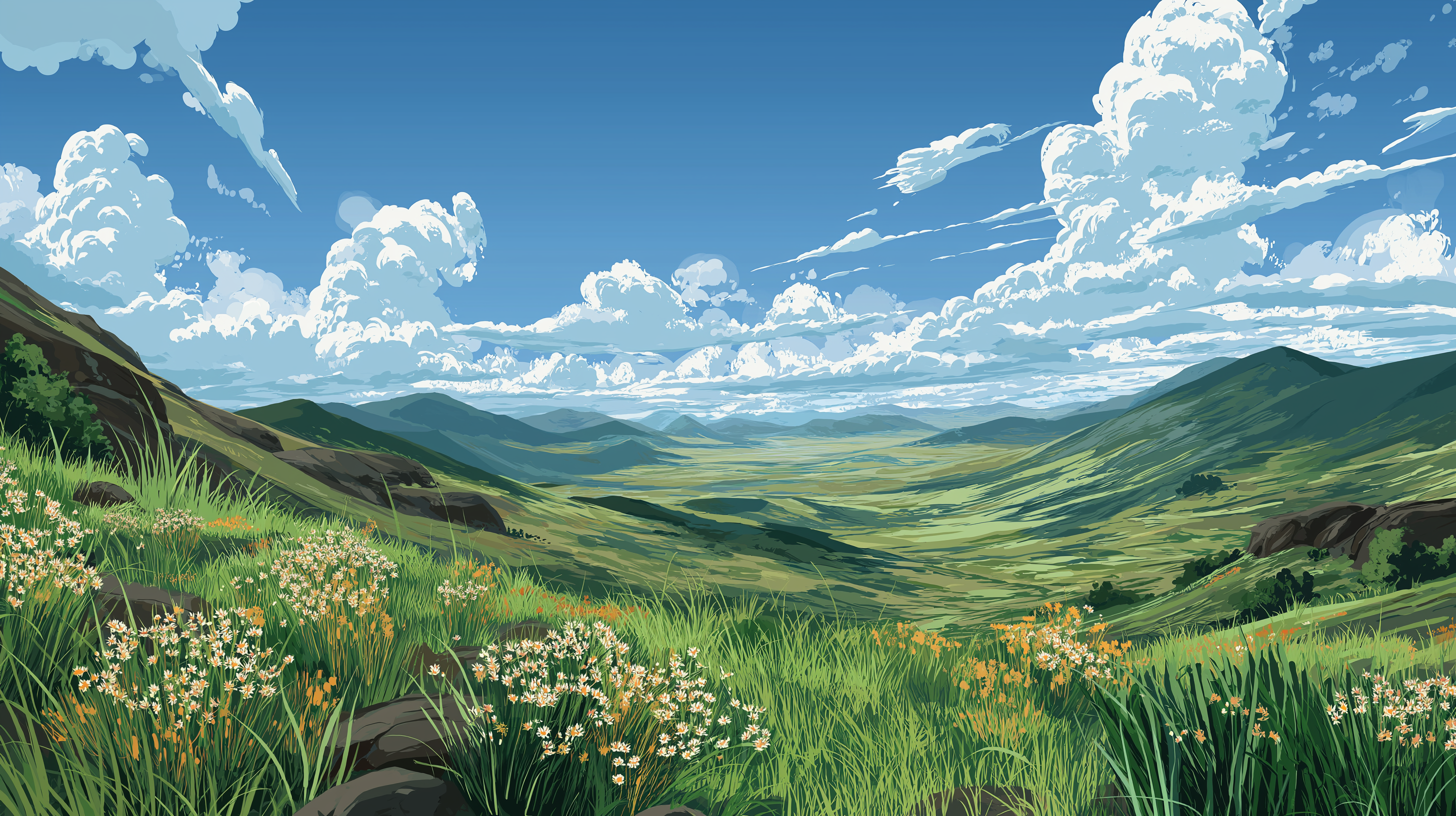 Wildflowers 桌布 壁紙 — 充滿活力的綠色山丘在明亮的藍天下綿延起伏，點綴著蓬鬆的白雲，前景中野花盛開。