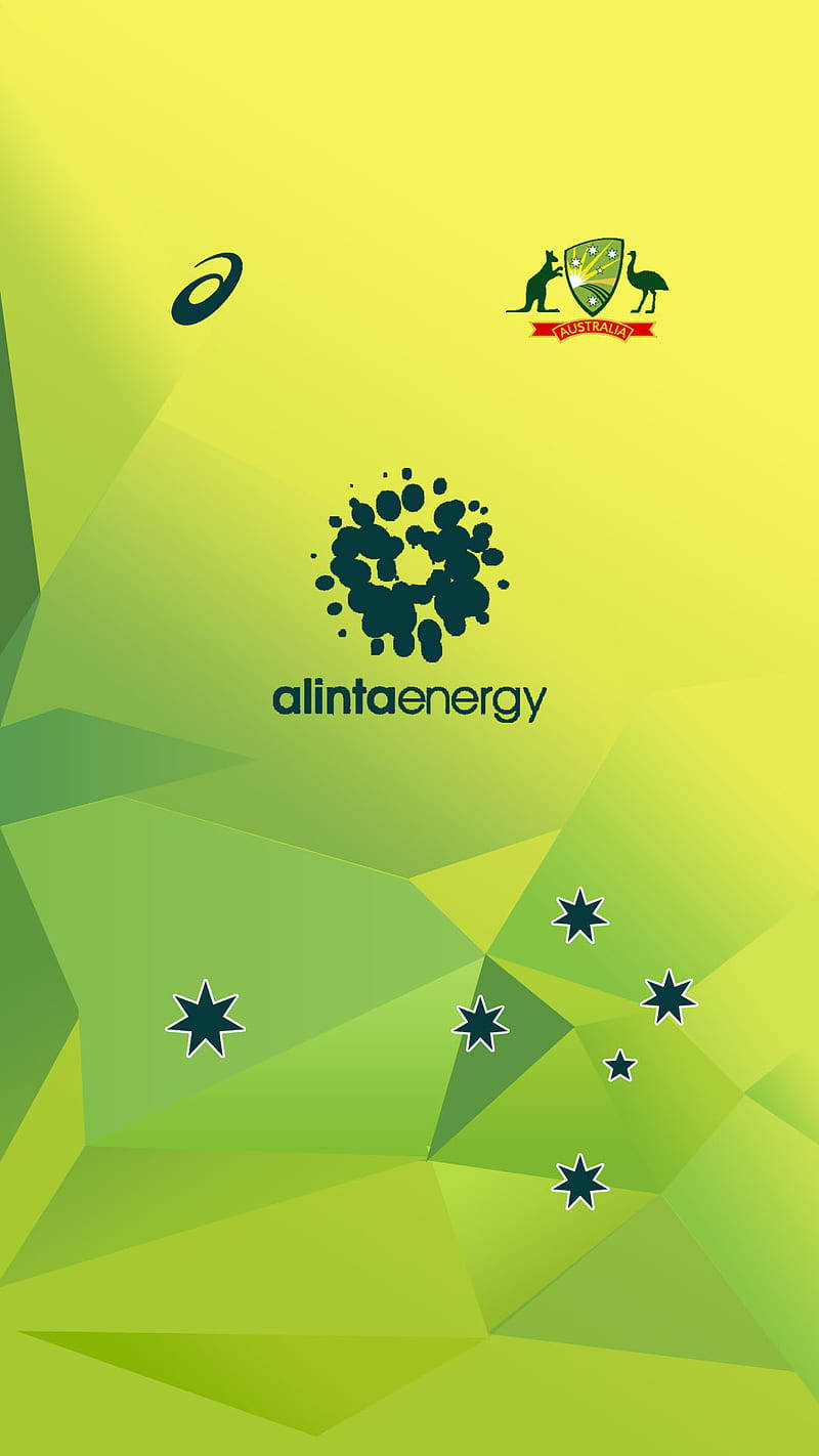 australia cricket 桌布 壁紙 — 充滿活力的綠色幾何壁紙，帶有Alinta Energy標誌、澳洲國徽和星星，背景為漸變色。