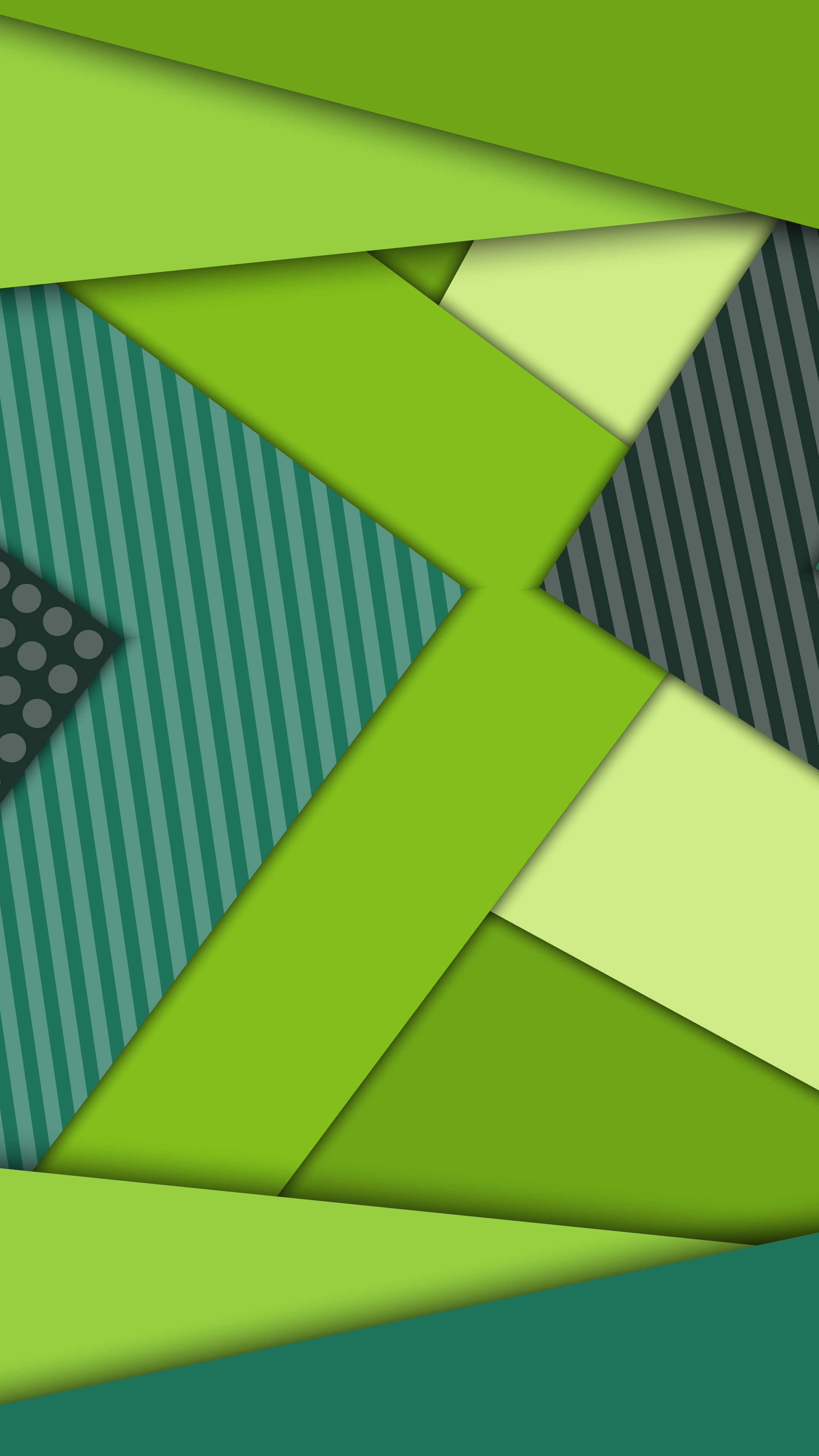 Android Material 桌布 壁紙 — 充滿活力的綠色幾何形狀搭配條紋點綴，形成動態的抽象構圖。