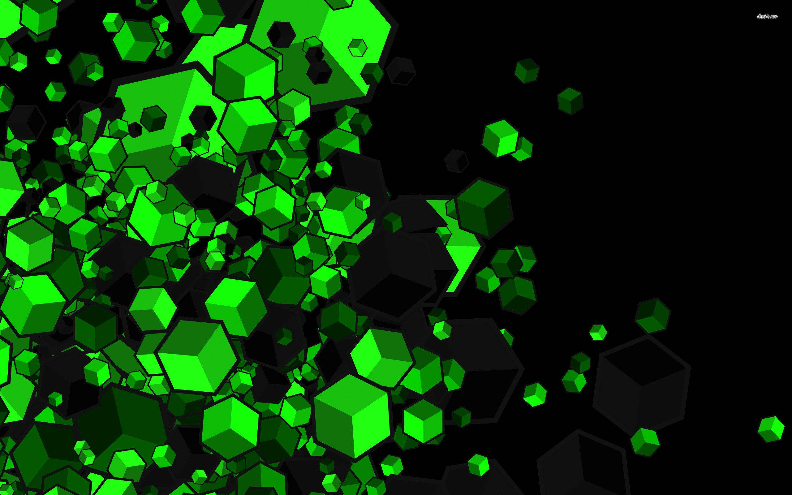 cubes 桌布 壁紙 — 充滿活力的綠色幾何立方體在純黑背景上爆炸，形成動態的數位構圖。