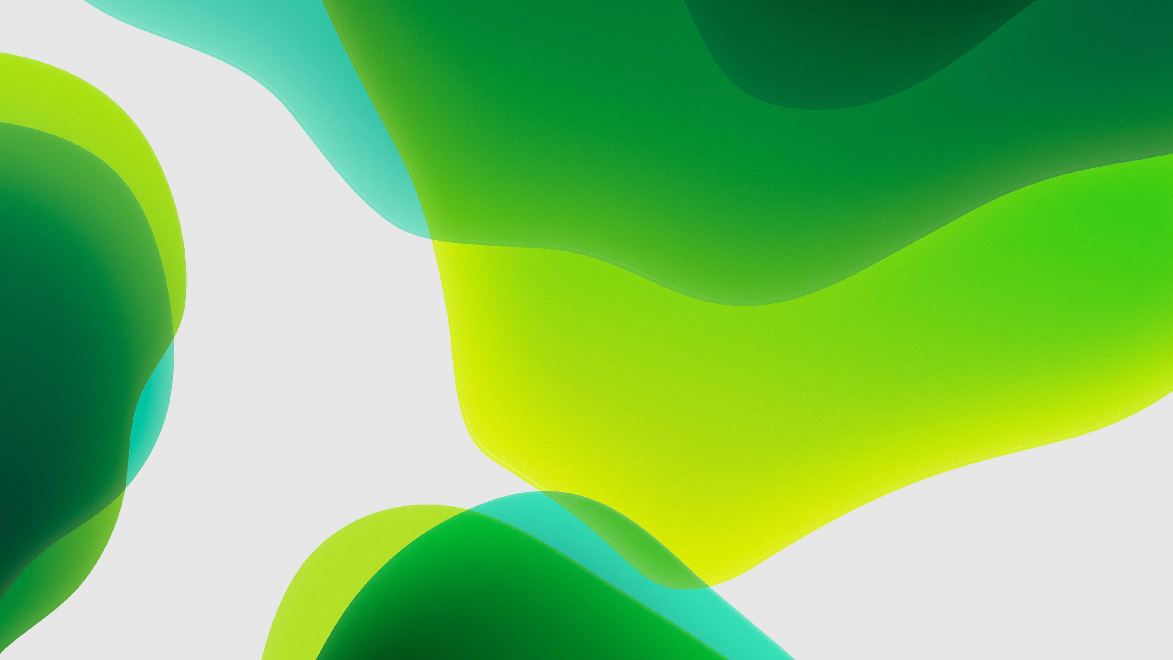 iOS 14 桌布 壁紙 — 充滿活力的綠色抽象形狀在柔和的白色背景上優雅流動，呈現現代數位設計。
