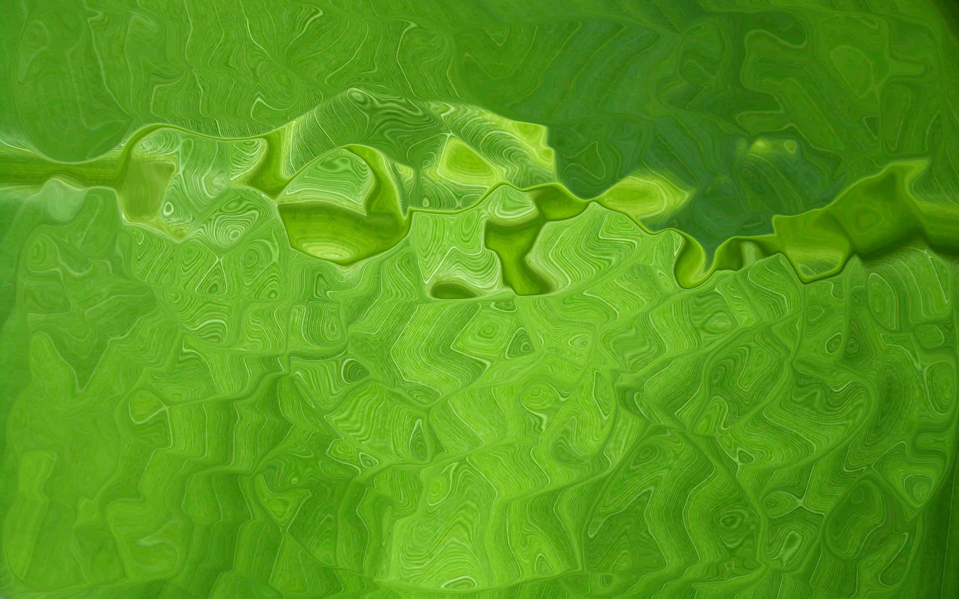 Green Color 桌布 壁紙 — 充滿活力的綠色抽象波浪，帶有有機漩渦和層疊紋理，營造出流動的超現實景觀。