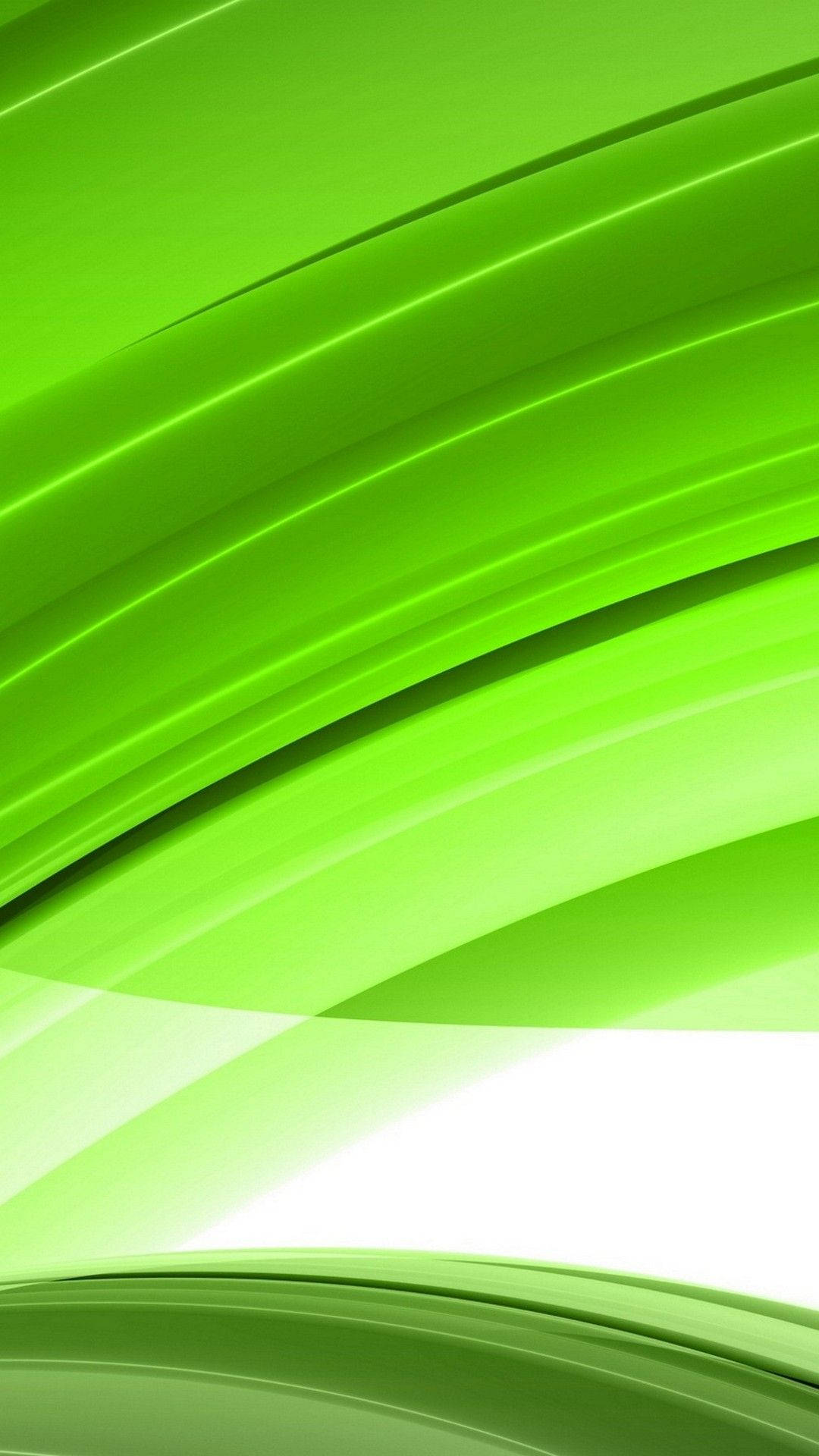 Green Phone 桌布 壁紙 — 充滿活力的綠色抽象波浪以對角線流動，帶有光澤高光和柔和漸變，背景為明亮的白色。