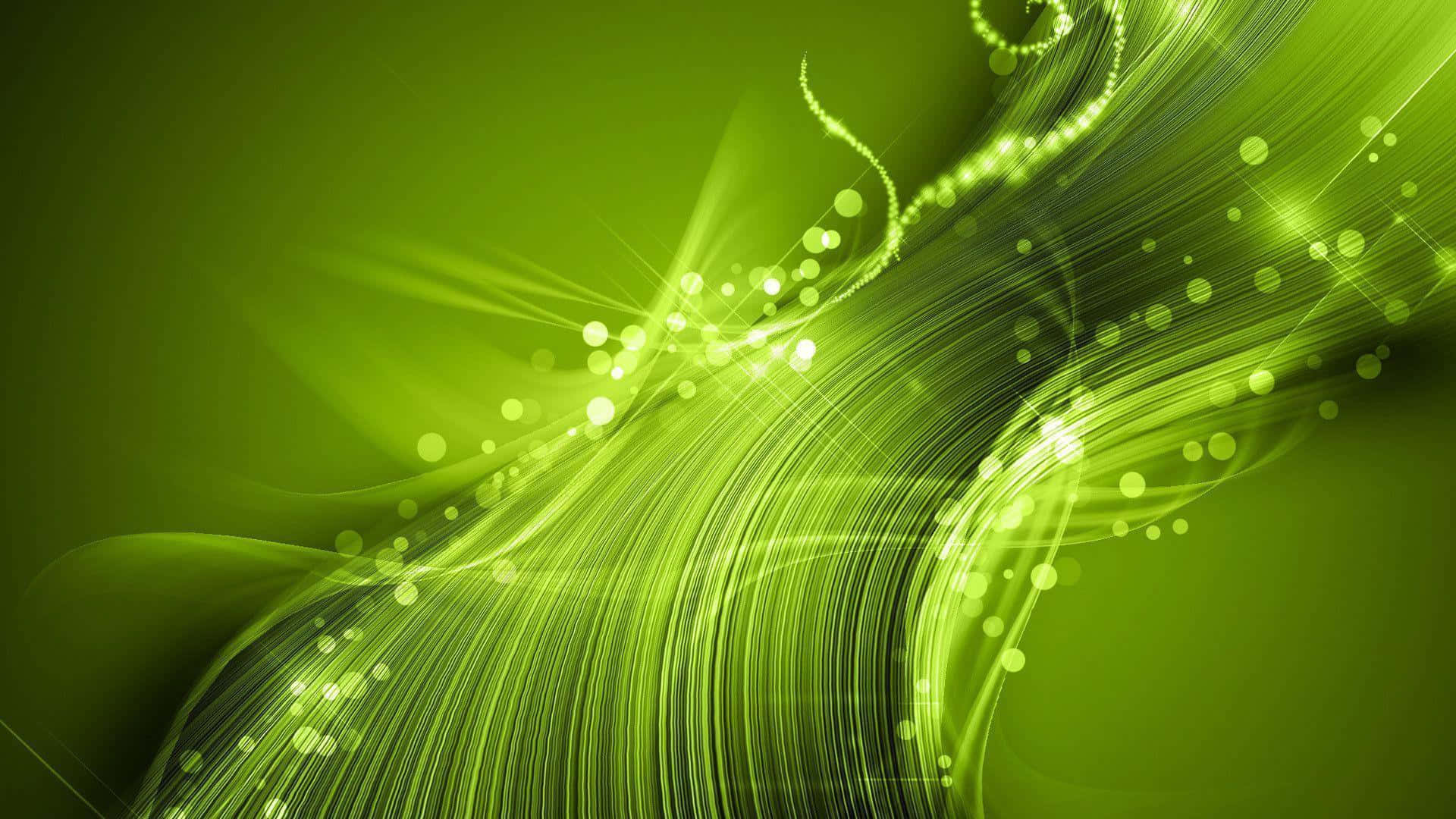 Green Led 桌布 壁紙 — 充滿活力的綠色抽象漩渦，帶有發光粒子和光線條，在漸變背景上動態流動。