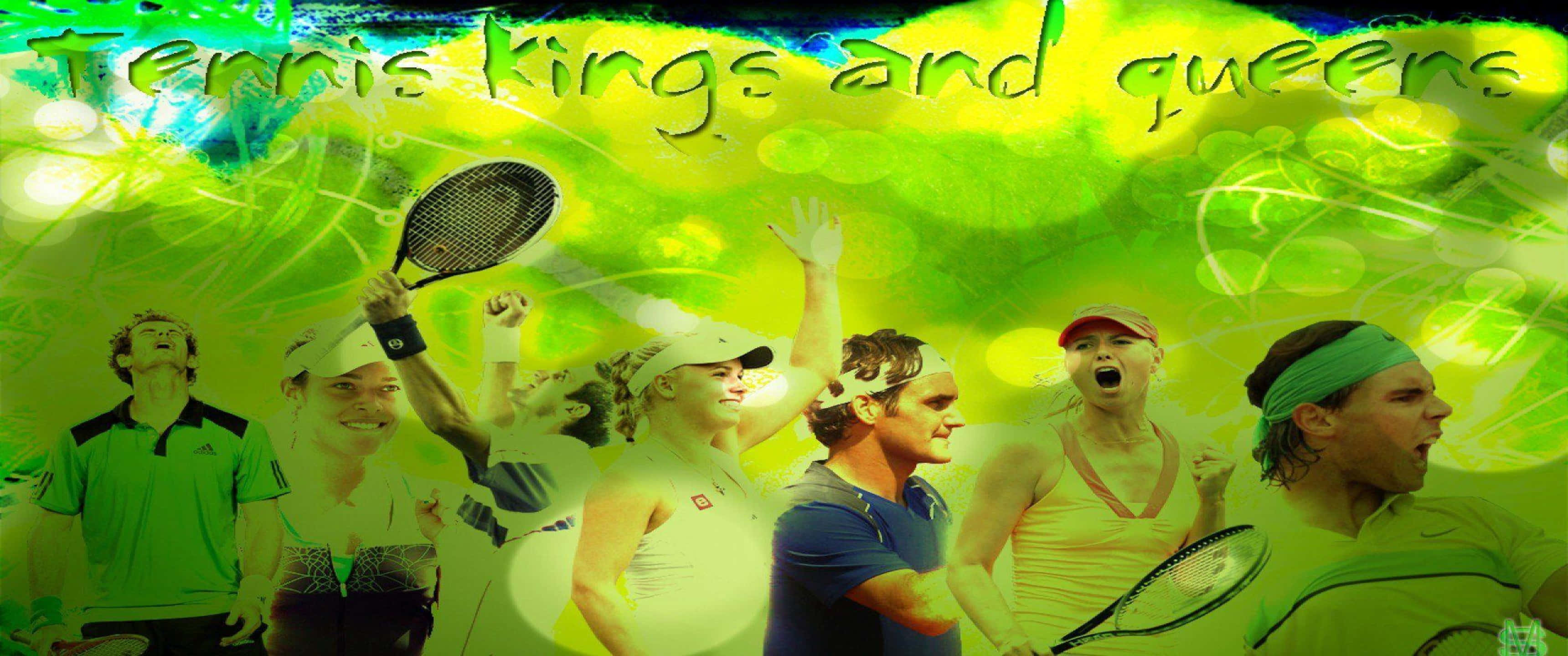 3440x1440p Tennis 桌布 壁紙 — 充滿活力的綠色抽象背景，展示了網球運動員拿著球拍慶祝的拼貼畫和動態姿勢。