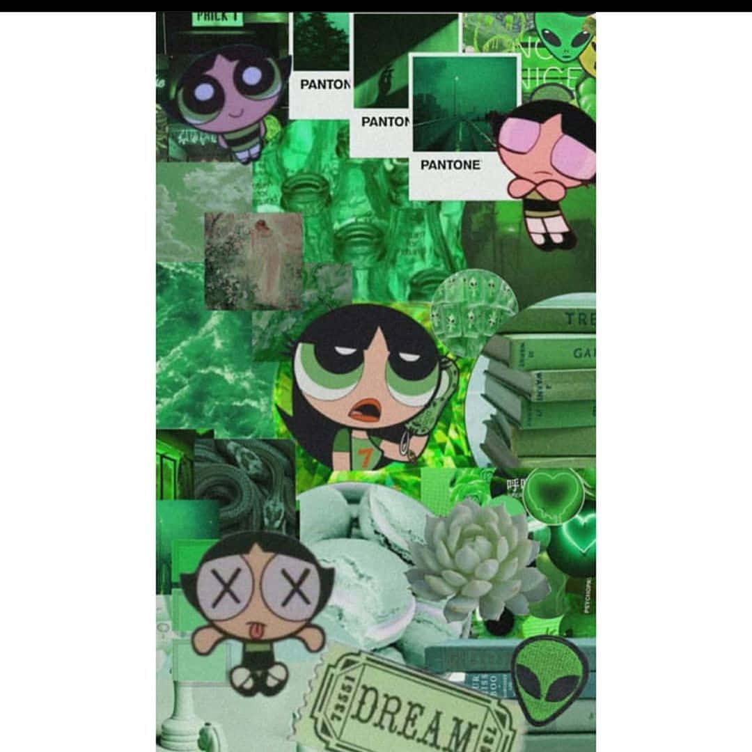 Buttercup Aesthetic 桌布 壁紙 — 充滿活力的綠色拼貼壁紙， featuring 飛天小女警角色、外星人圖案、書籍和夢想主題元素。