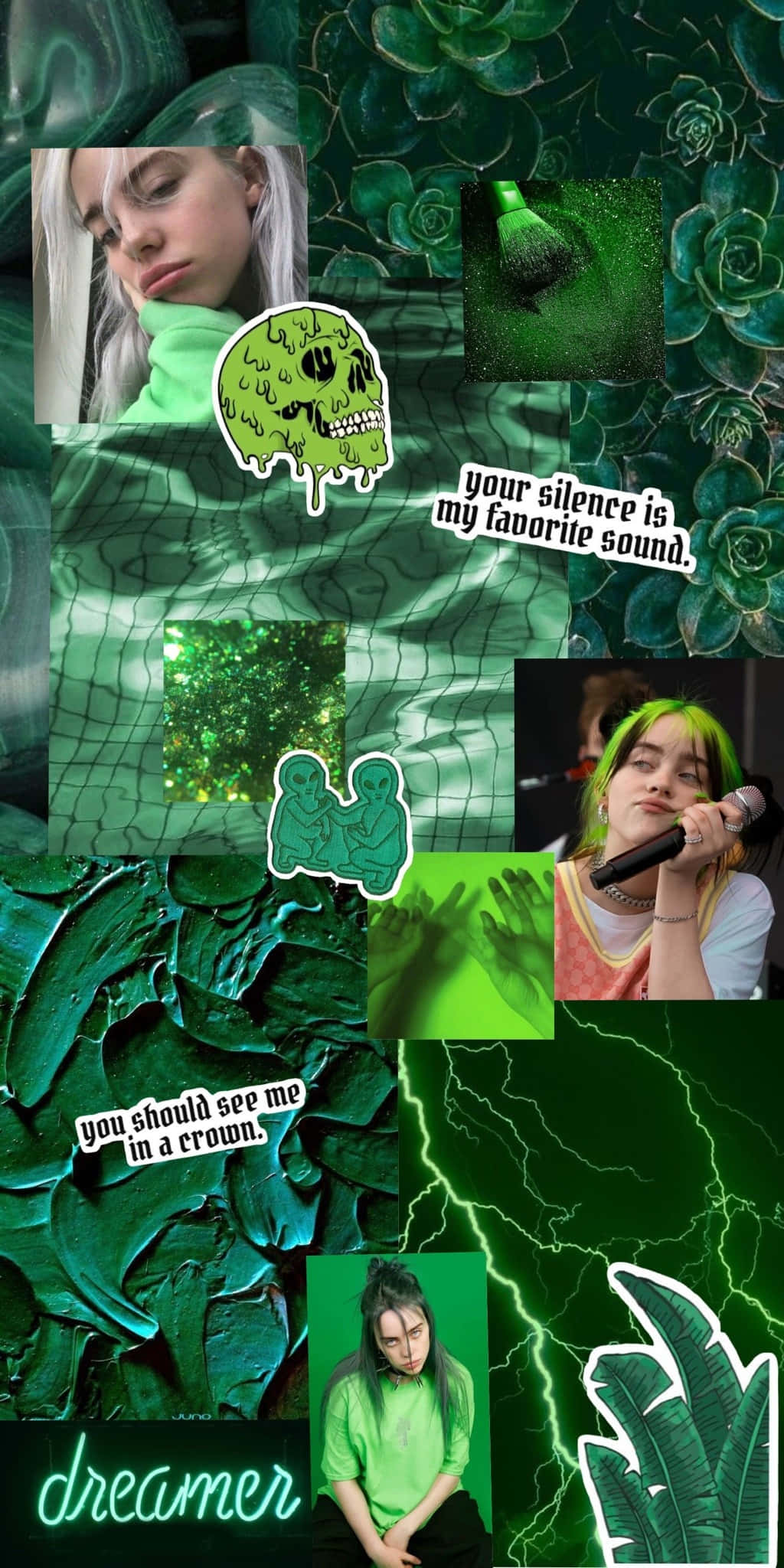 怪奇比莉 桌布 壁紙 — 充滿活力的綠色拼貼畫，包含 Billie Eilish 照片、多肉植物、閃電和文字疊加，營造出陰鬱的美感。