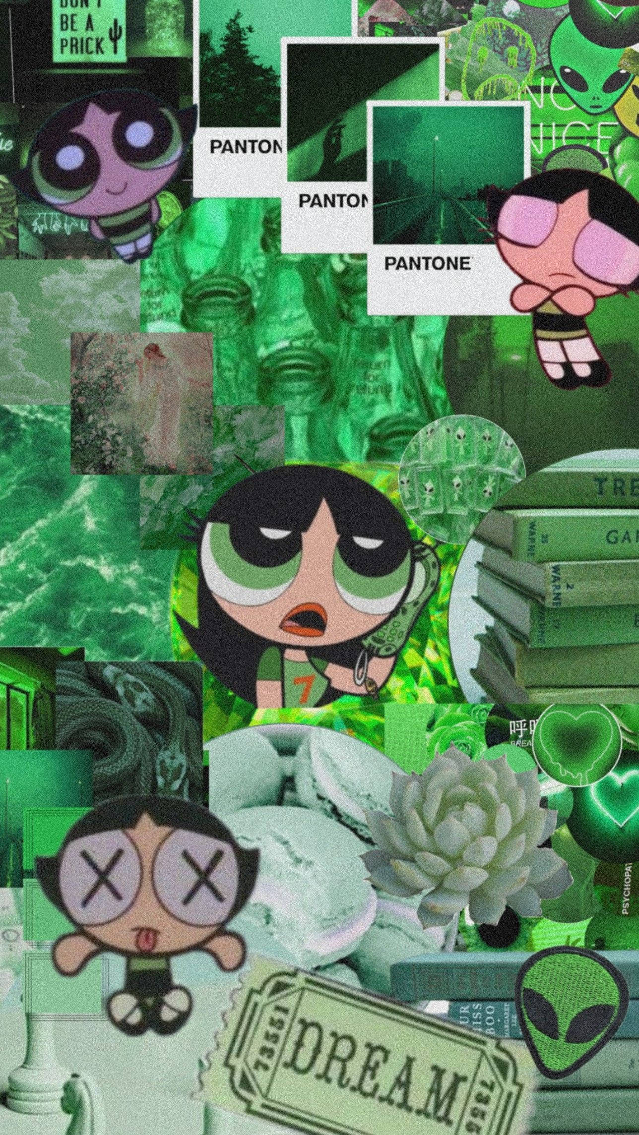 Buttercup 桌布 壁紙 — 充滿活力的綠色拼貼畫，包含飛天小女警角色、Pantone色票、書籍、多肉植物和外星人圖案。