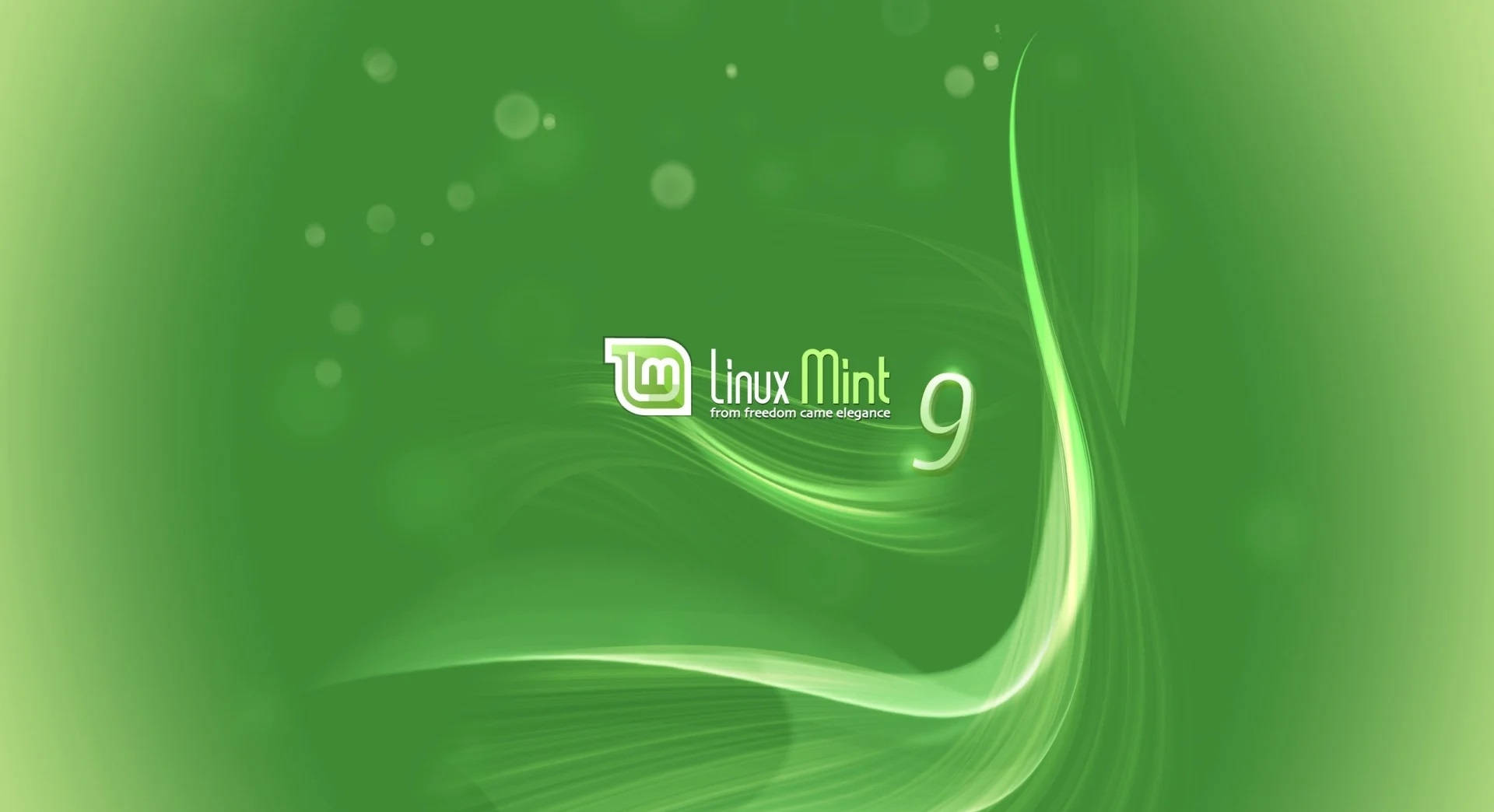 Linux 桌布 壁紙 — 充滿活力的綠色數位桌布，帶有 Linux Mint 9 標誌、流動的光漩渦和散景效果。