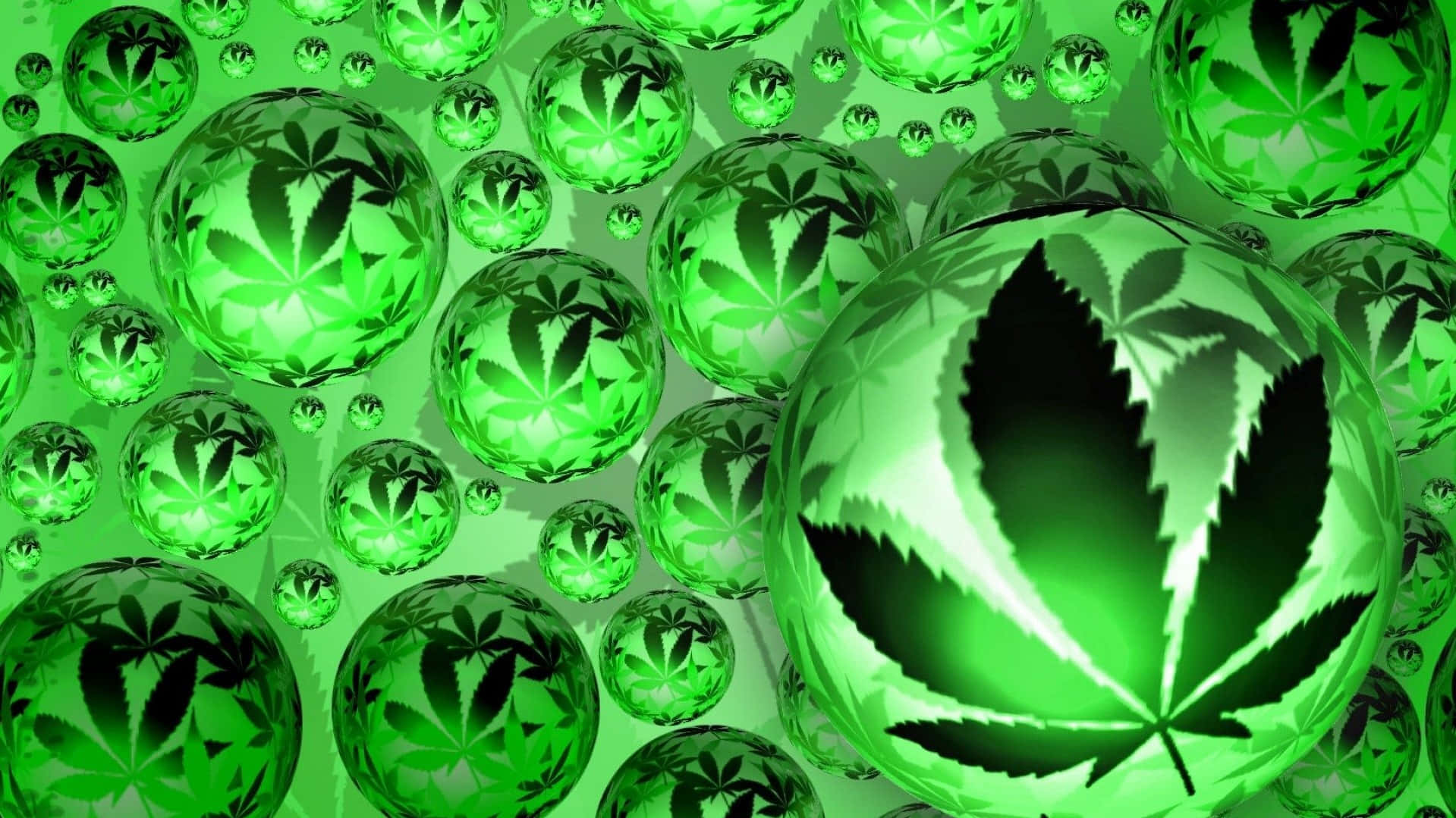 420 桌布 壁紙 — 充滿活力的綠色數位桌布，帶有發光的半透明球體，每個球體顯示黑色大麻葉剪影。