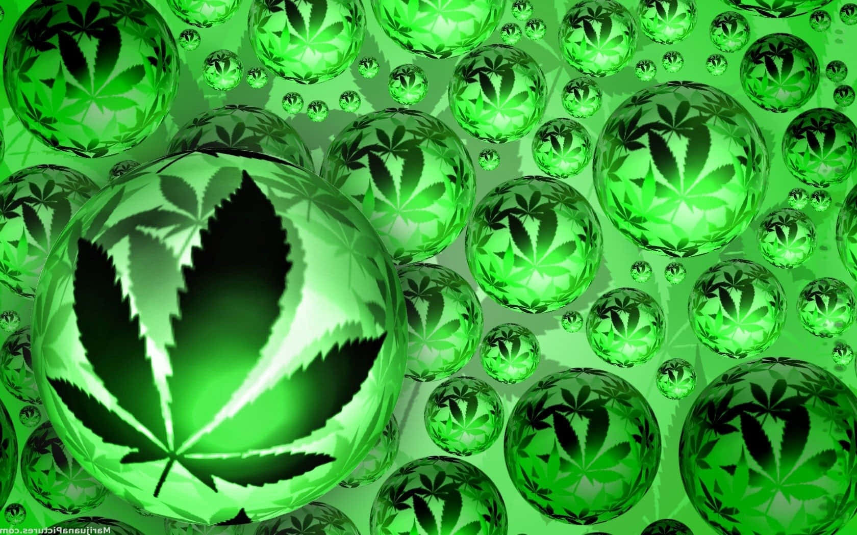 Marijuana Leaf 桌布 壁紙 — 充滿活力的綠色數位桌布，帶有發光球體和大麻葉剪影，漂浮在密集圖案中。