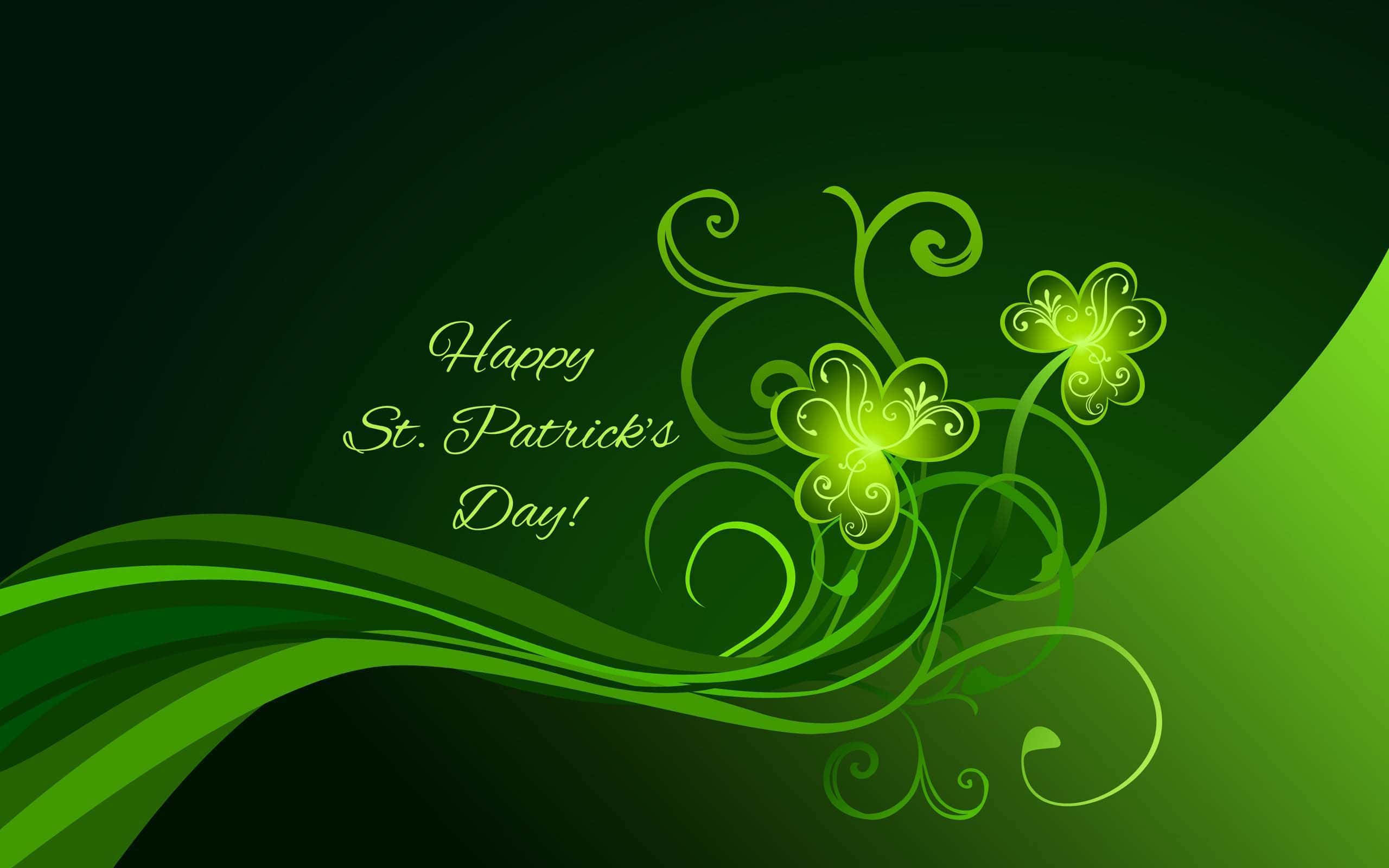 Saint Patricks Day 桌布 壁紙 — 充滿活力的綠色旋轉三葉草和飄逸的絲帶在深色漸變背景上慶祝聖派翠克節。
