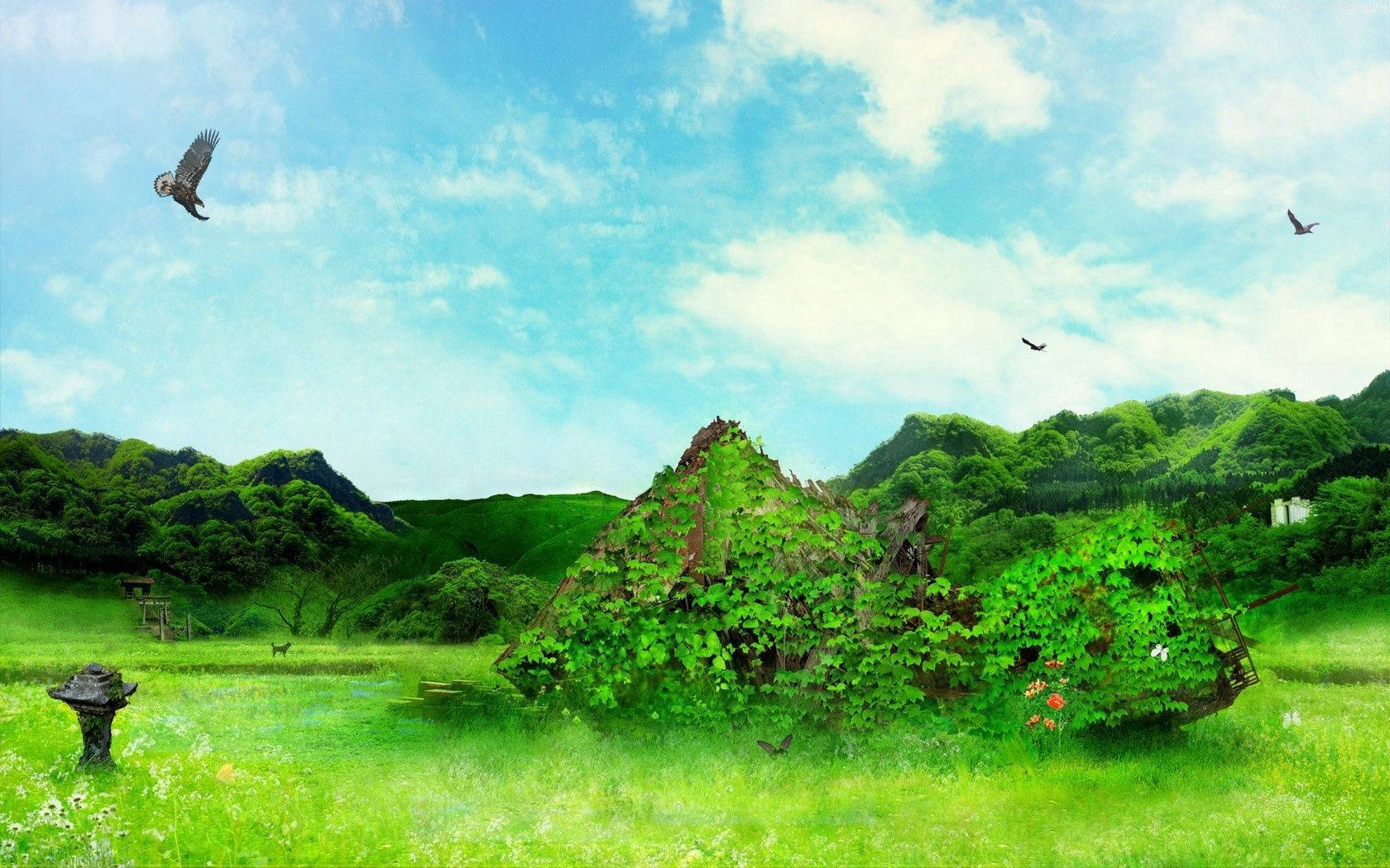 大麻 桌布 壁紙 — 充滿活力的綠色景觀，起伏的丘陵，長滿苔蘚的廢墟，以及鳥兒在藍天白雲下翱翔。