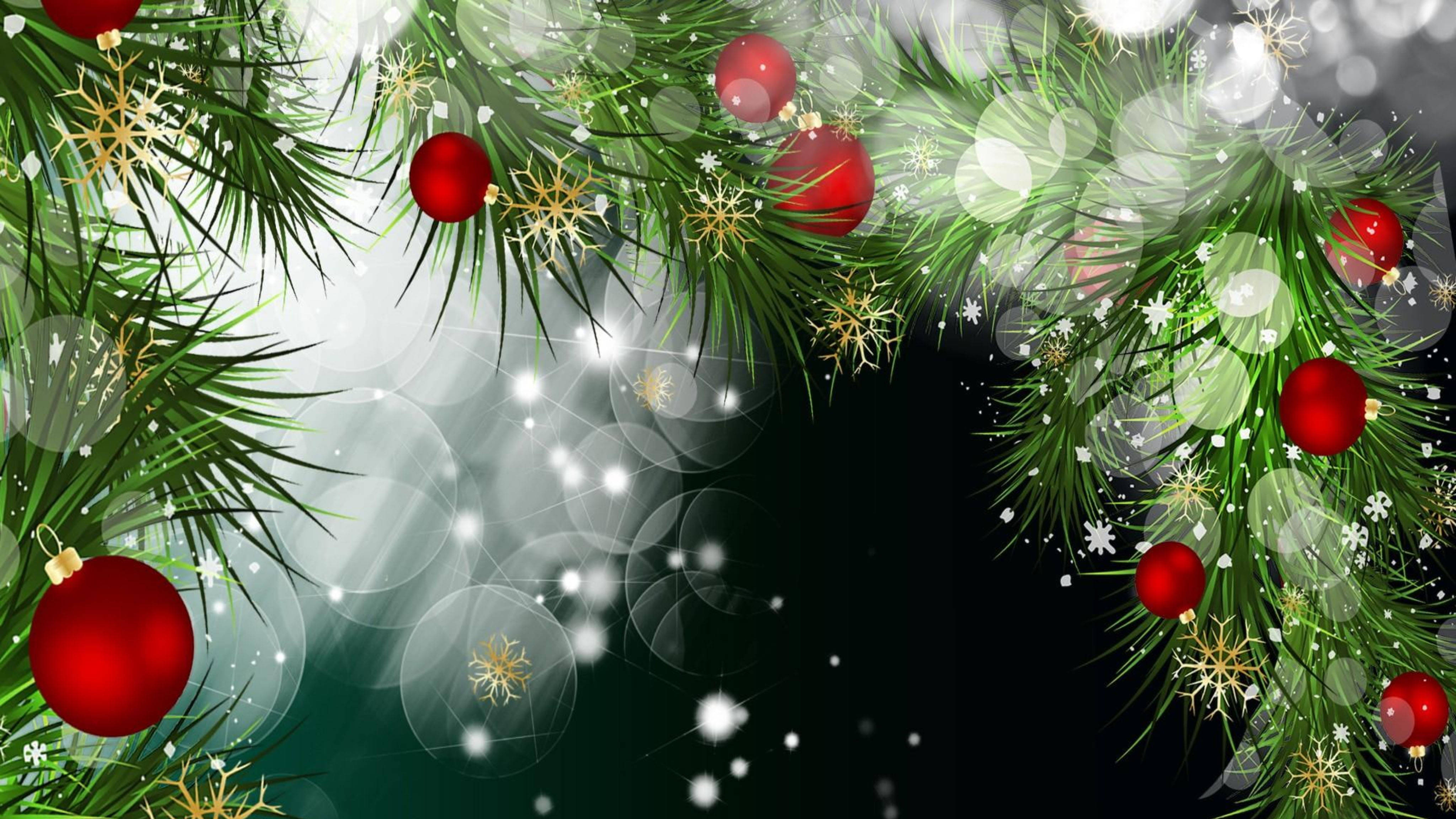 balls 桌布 壁紙 — 充滿活力的綠色松樹枝條上裝飾著紅色飾品和金色雪花，框出閃爍的散景背景。
