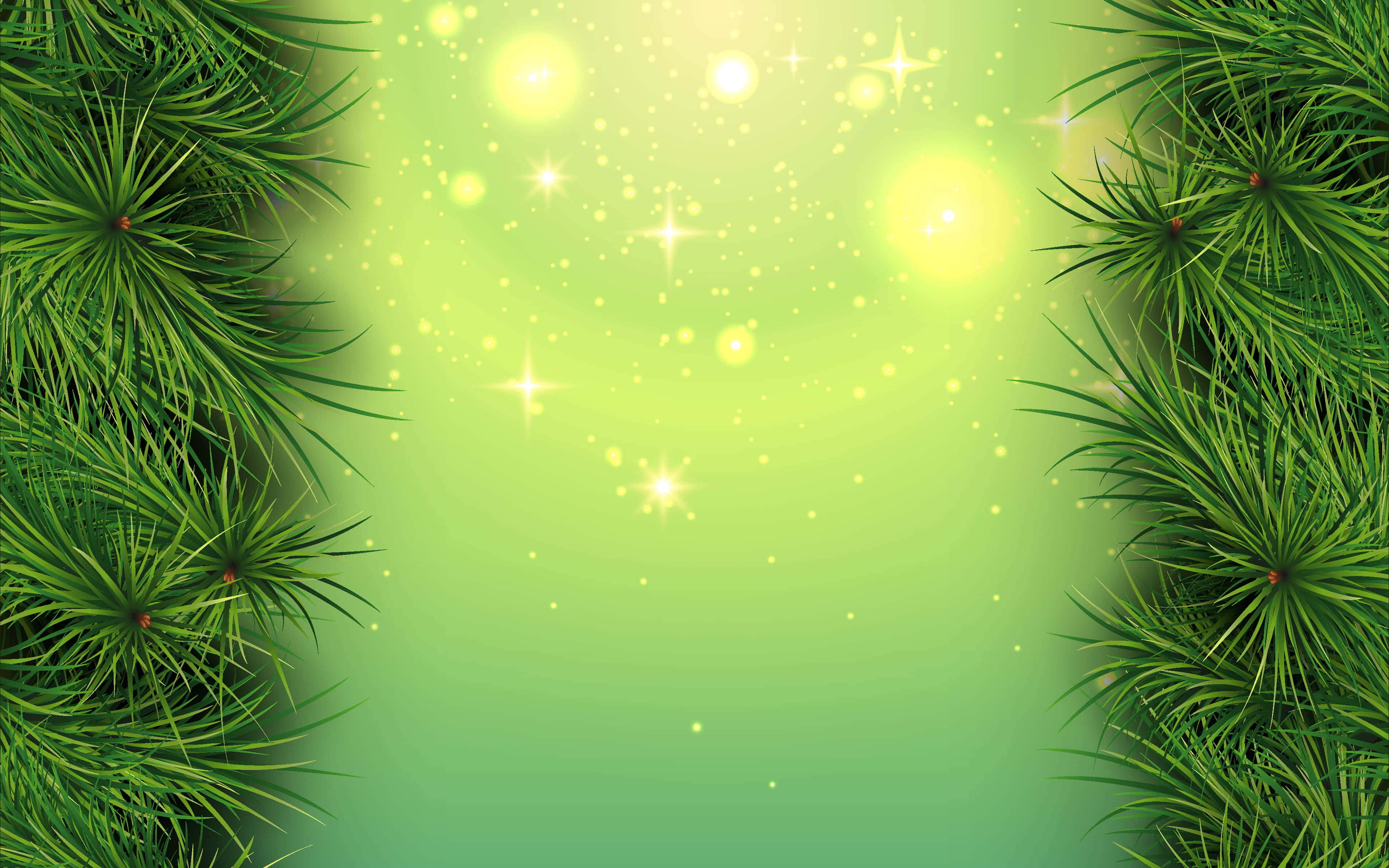 Green Christmas 桌布 壁紙 — 充滿活力的綠色松樹枝條框出一個發光的漸變背景，帶有閃爍的星爆和柔和的散景燈光。