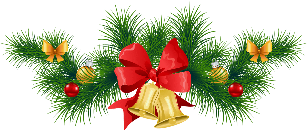 Christmas Clip Art 桌布 壁紙 — 充滿活力的綠色松樹枝條裝飾著紅色蝴蝶結、金色鈴鐺和閃亮飾物，營造出節日邊框。