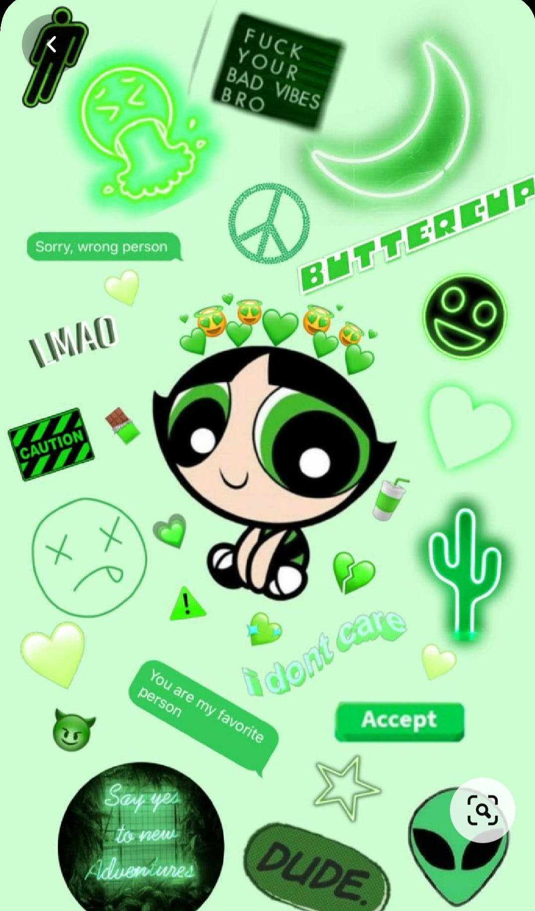 girls 桌布 壁紙 — 充滿活力的綠色桌布， featuring Powerpuff Girl Bubbles 被霓虹貼紙和流行文化圖標環繞。