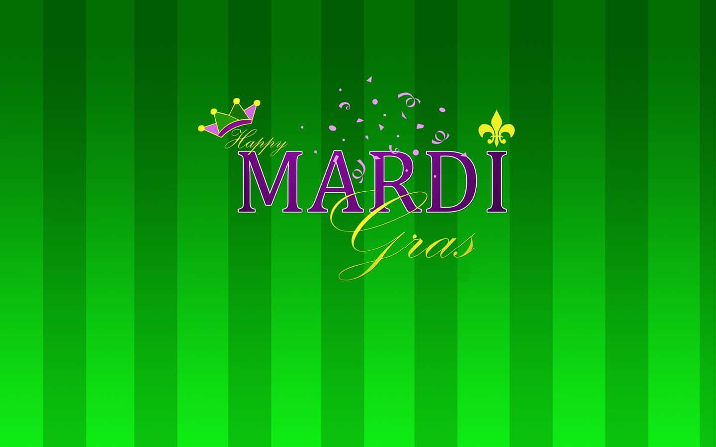 Mardi Gras 桌布 壁紙 — 充滿活力的綠色條紋背景，帶有節日紫色和金色的Mardi Gras文字以及皇冠鳶尾花裝飾。