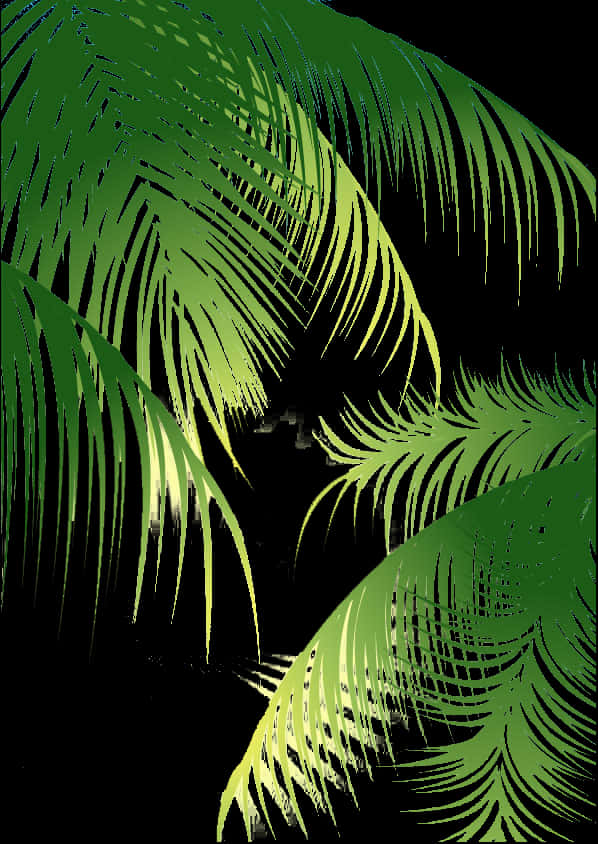 棕櫚樹 桌布 壁紙 — 充滿活力的綠色棕櫚葉，帶有銳利的黑色輪廓，在純黑色背景上以大膽的圖形風格發光。