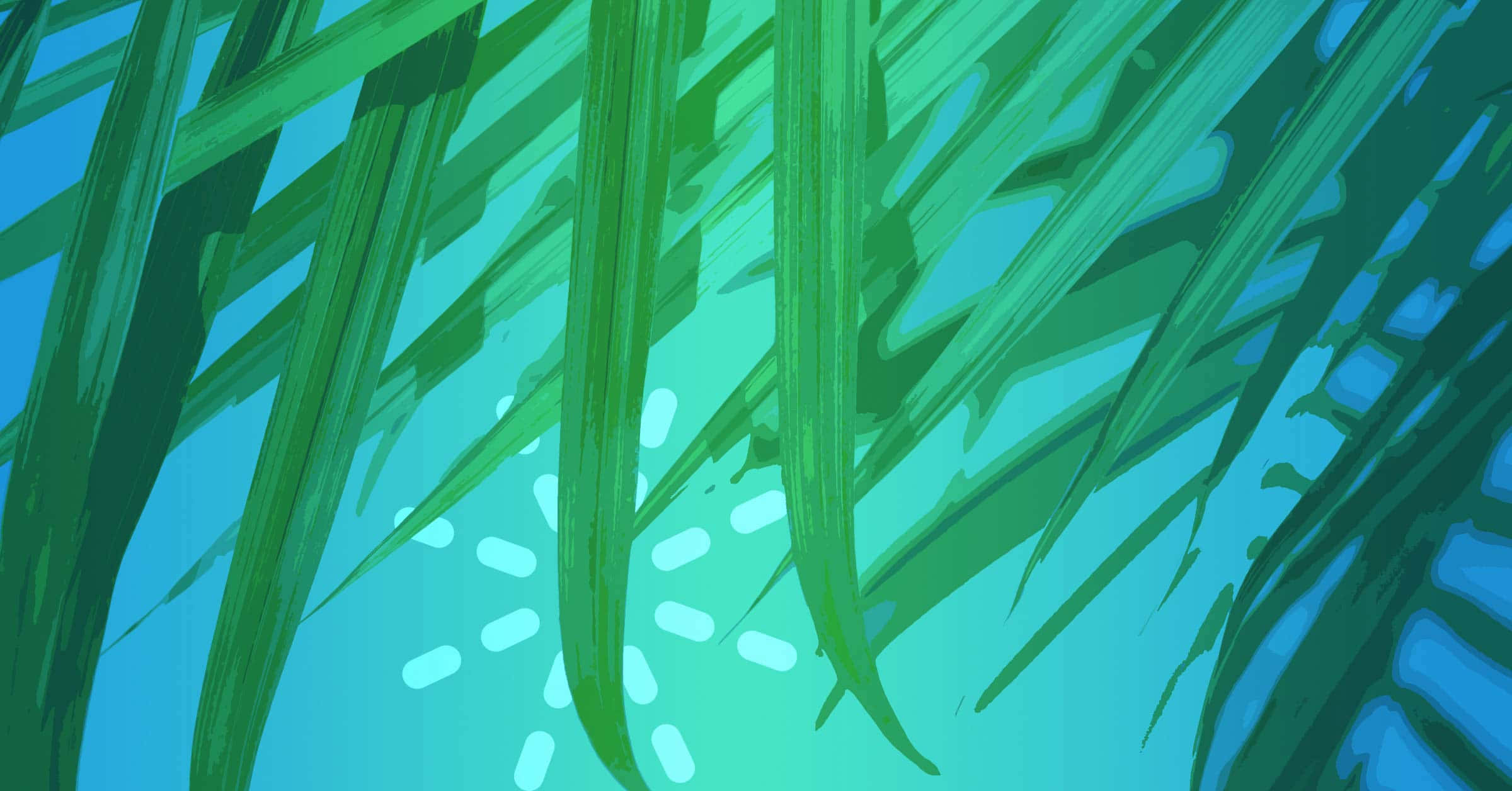 Palm Leaves 桌布 壁紙 — 充滿活力的綠色棕櫚葉拱起在閃閃發光的藍綠色天空上，柔和的白光條紋穿過其中。