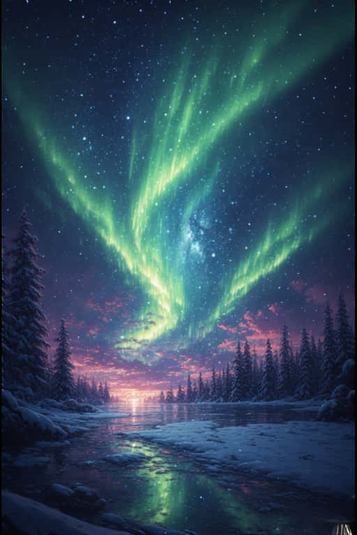 Northern Lights Over Frozen Lake 4K 壁紙 — 充滿活力的綠色極光在繁星點點的暮色天空中舞動，下方是白雪覆蓋的河流，兩旁松樹林立。