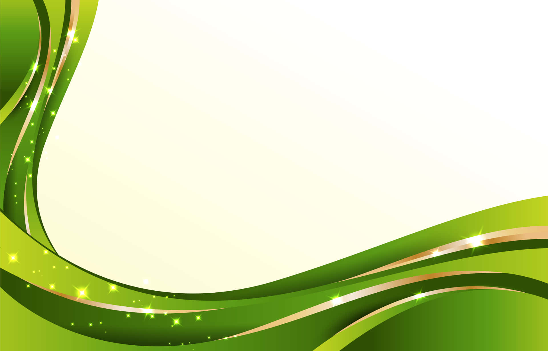 Abstract Green 桌布 壁紙 — 充滿活力的綠色波浪線條，搭配金色點綴和閃爍星星，環繞著柔和的奶油色背景。
