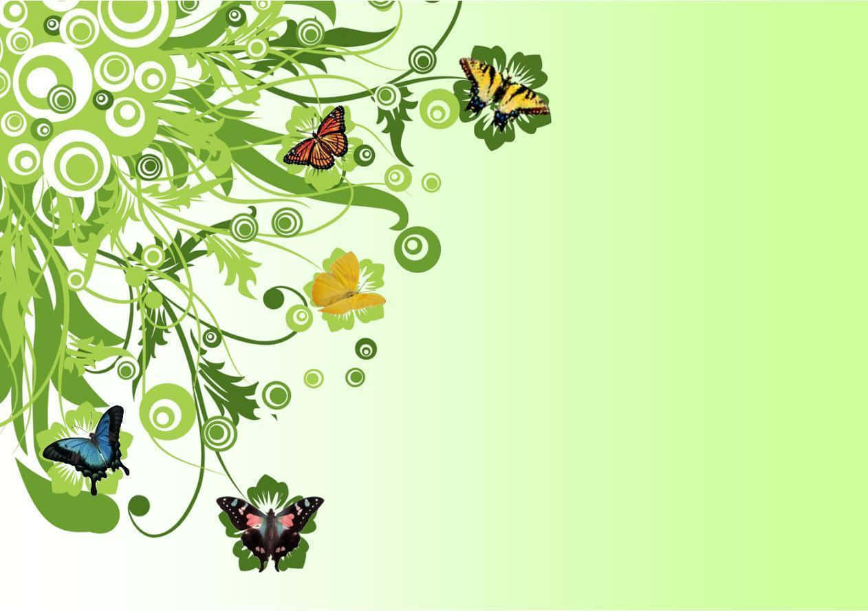 Butterfly Desktop 桌布 壁紙 — 充滿活力的綠色漩渦和圓圈在柔和的漸變背景上框住色彩繽紛的蝴蝶。