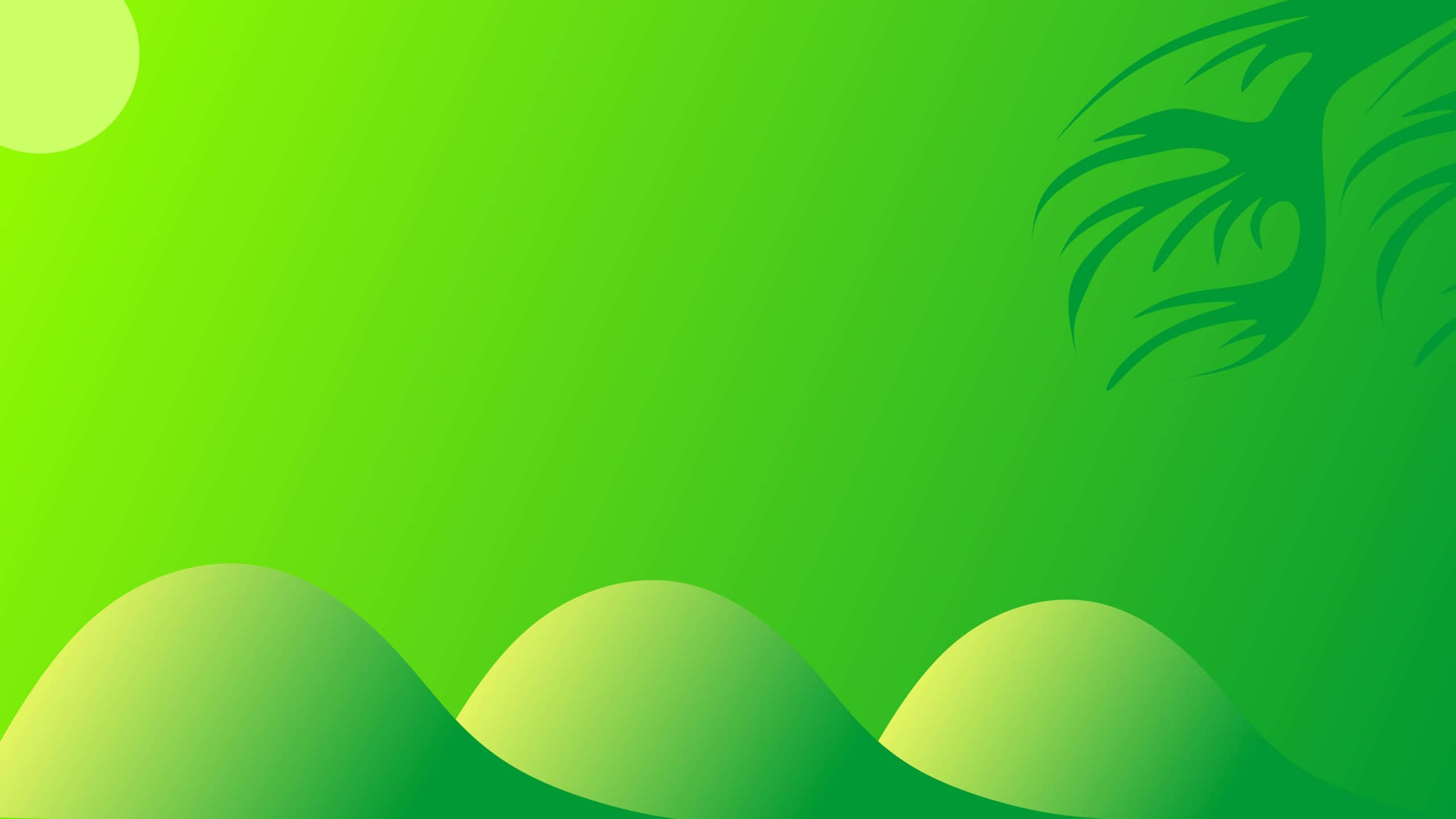 hill view 桌布 壁紙 — 充滿活力的綠色漸變背景，帶有柔和波浪形狀和角落的風格化棕櫚葉。