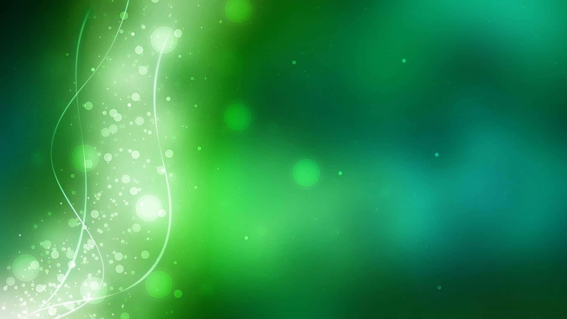 Green Led 桌布 壁紙 — 充滿活力的綠色漸變背景，帶有發光的散景燈光和流動的白色粒子軌跡。