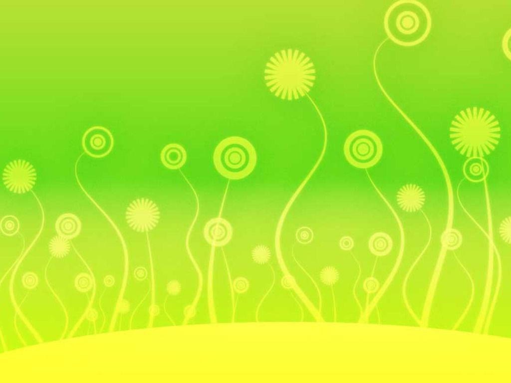 綠色 桌布 壁紙 — 充滿活力的綠色漸變背景，搭配風格化的黃色花朵和旋轉的莖幹，呈現極簡數位藝術設計。