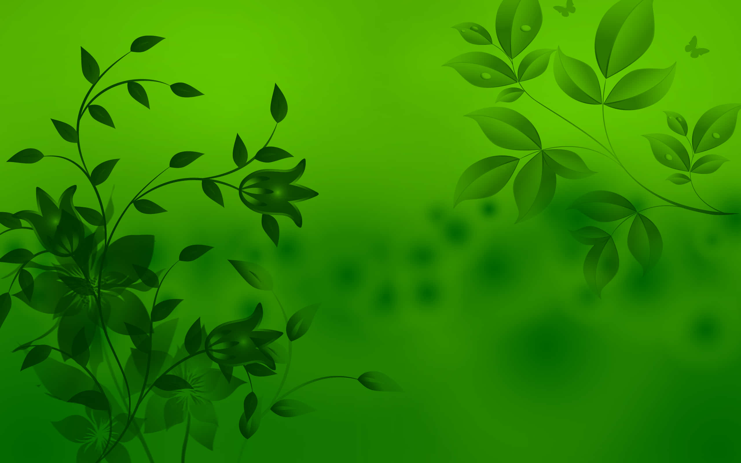 綠色 桌布 壁紙 — 充滿活力的綠色漸變背景，飾以優雅的深綠色葉藤和微妙的蝴蝶剪影。