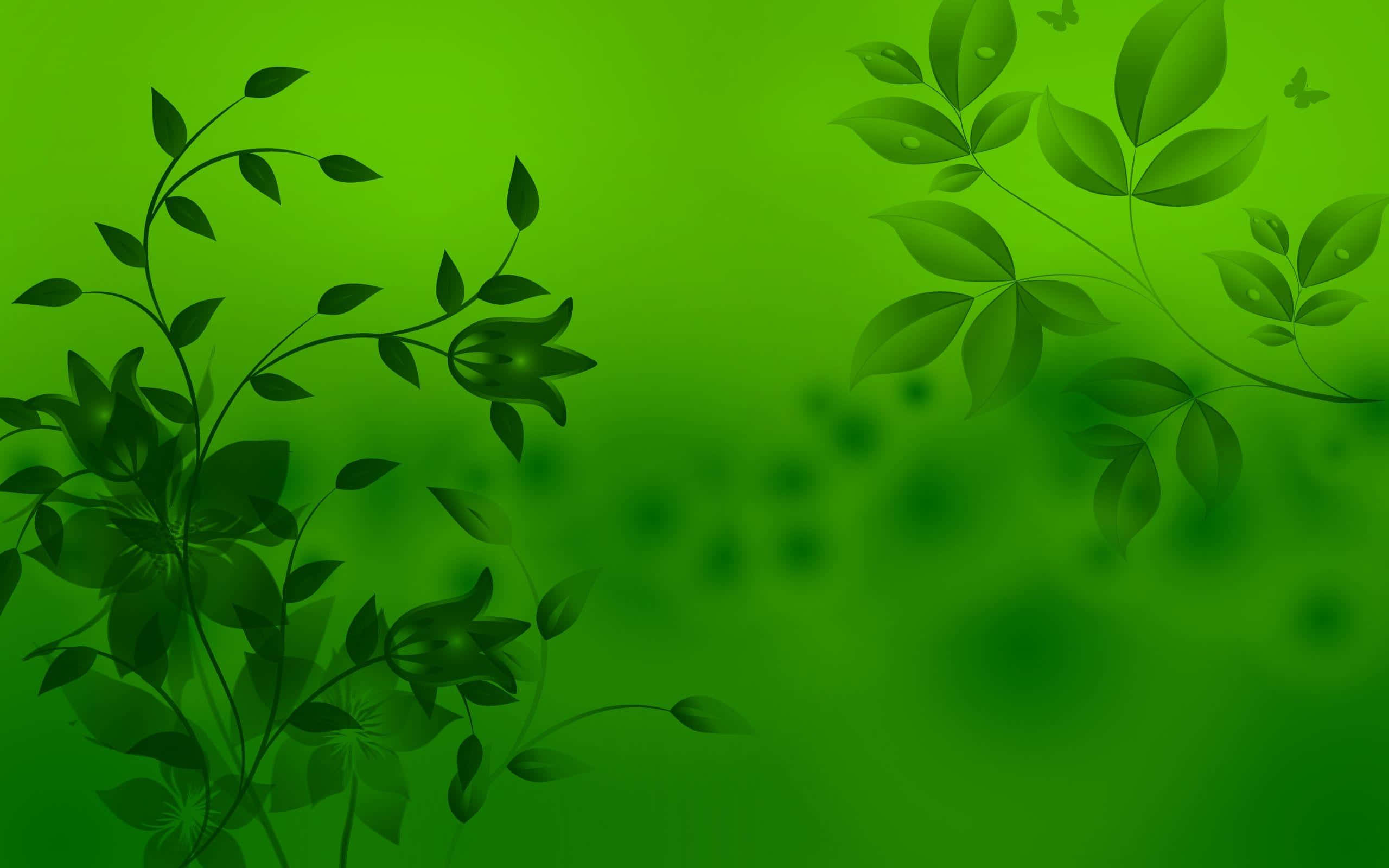 Hijau 桌布 壁紙 — 充滿活力的綠色漸變背景，點綴著優雅的深綠色葉藤和翩翩起舞的蝴蝶。