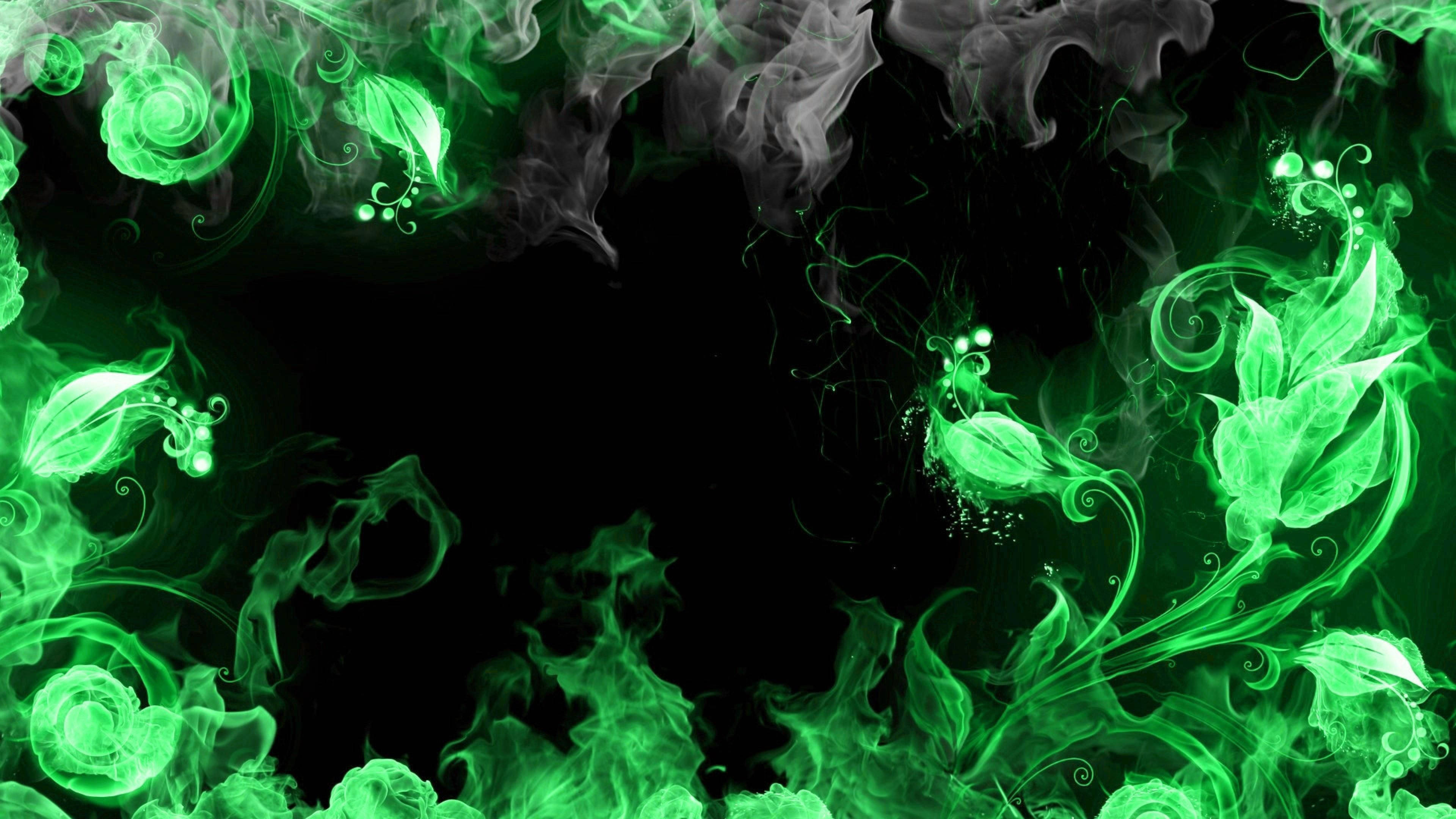 Gas 桌布 壁紙 — 充滿活力的綠色煙霧漩渦在純黑色背景上形成優雅的葉狀圖案。