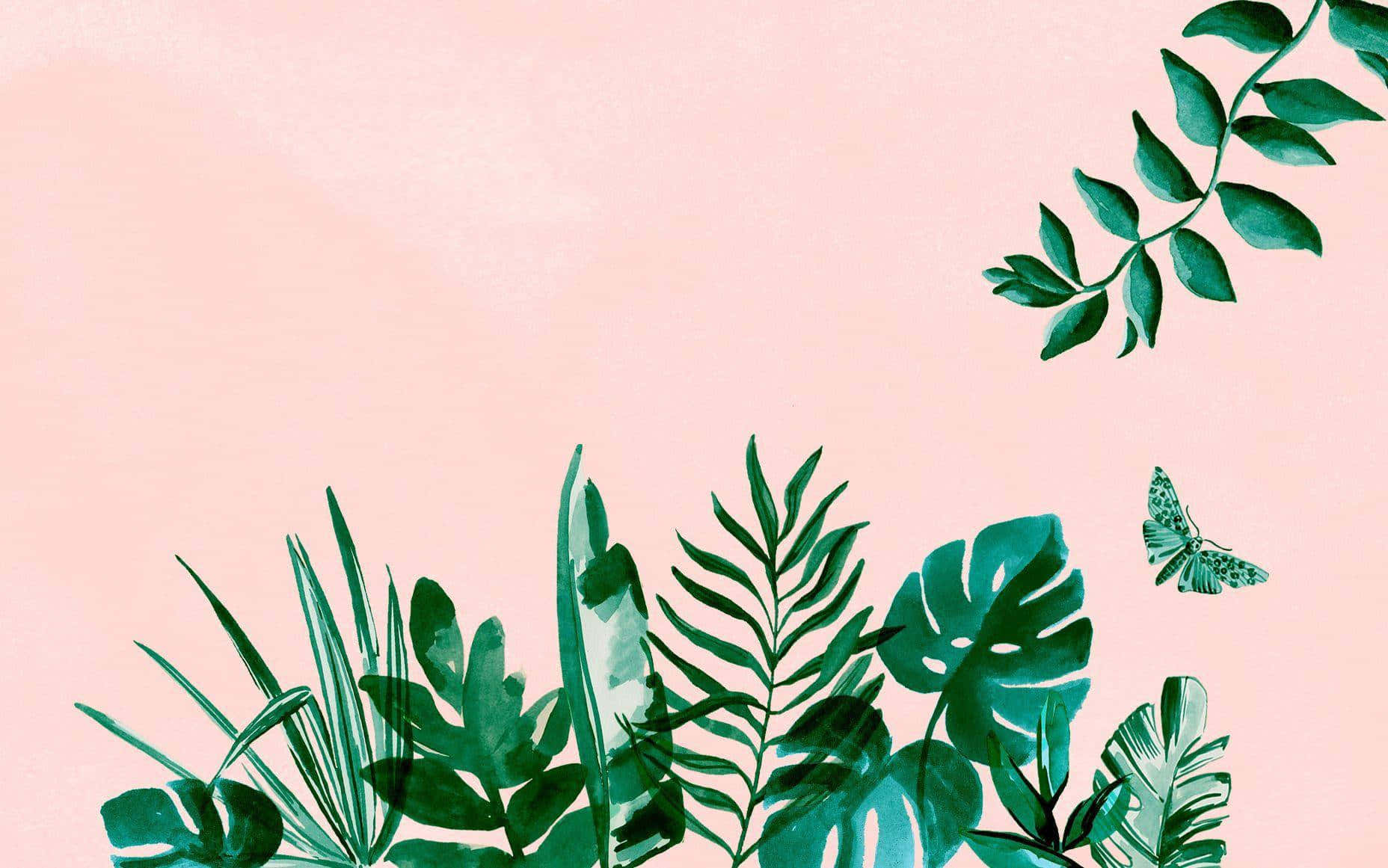 Aesthetic Palm Leaves 桌布 壁紙 — 充滿活力的綠色熱帶葉子和精緻的蝴蝶點綴在柔和的粉紅色水彩背景上。