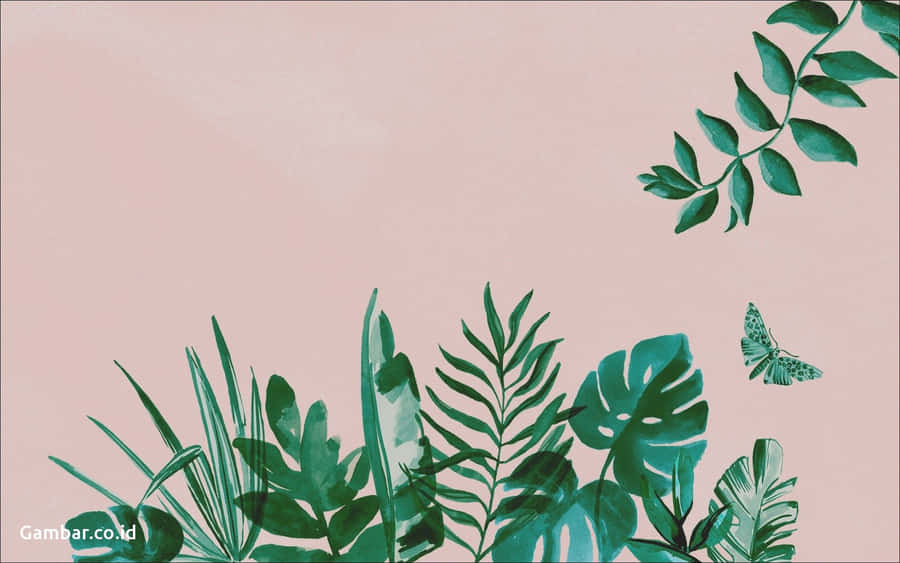 Aesthetic Tumblr Desktop 桌布 壁紙 — 充滿活力的綠色熱帶葉子和蝴蝶點綴在柔和的粉紅色背景上，呈現極簡植物插圖風格。