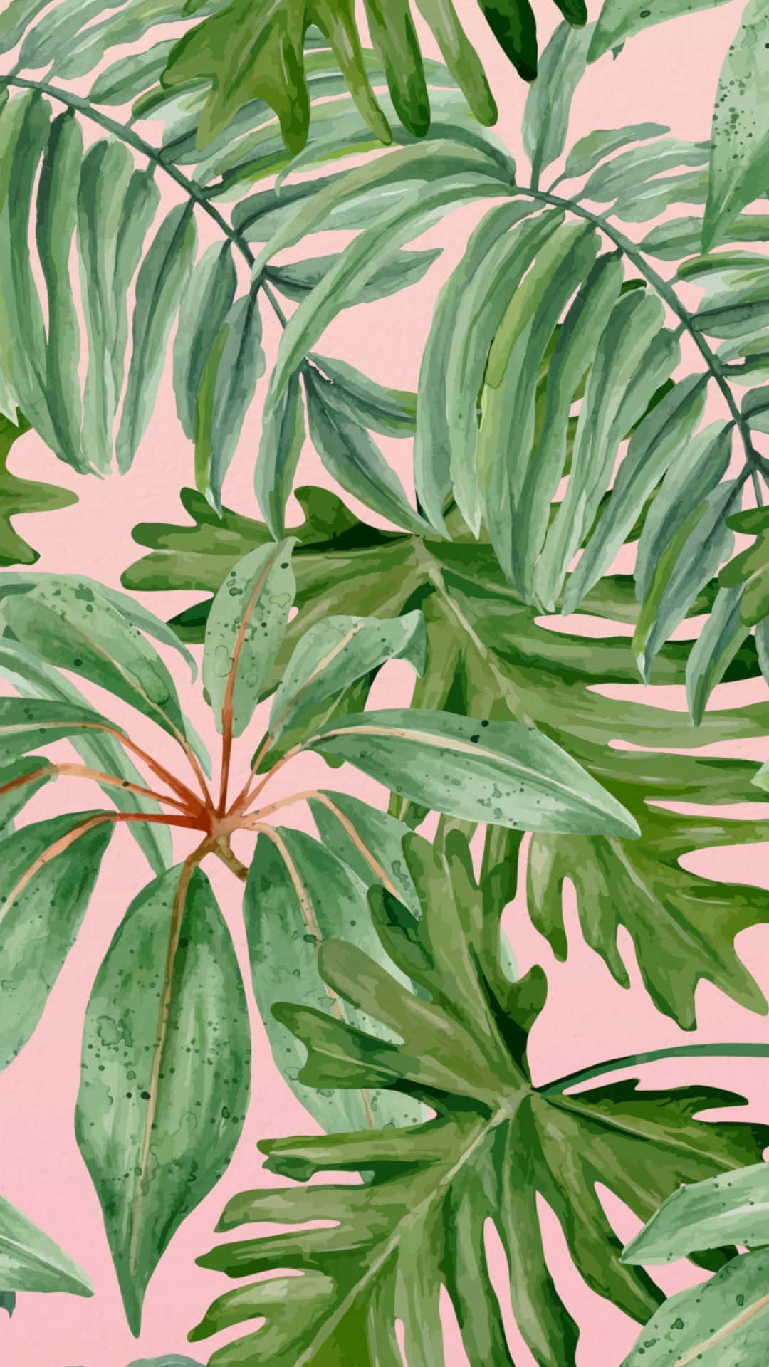 Leaves 桌布 壁紙 — 充滿活力的綠色熱帶葉片帶有水彩質感，漂浮在柔和的粉紅色背景上。