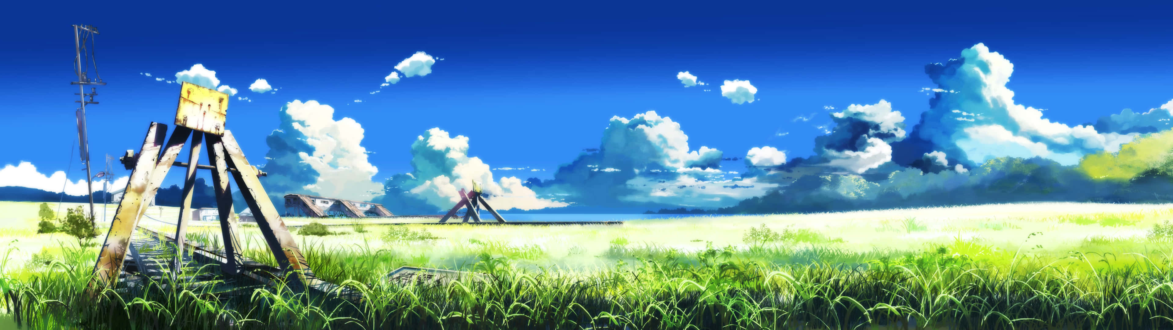 動漫 桌布 壁紙 — 充滿活力的綠色田野，明亮的藍天，蓬鬆的白雲和遠處的木結構。
