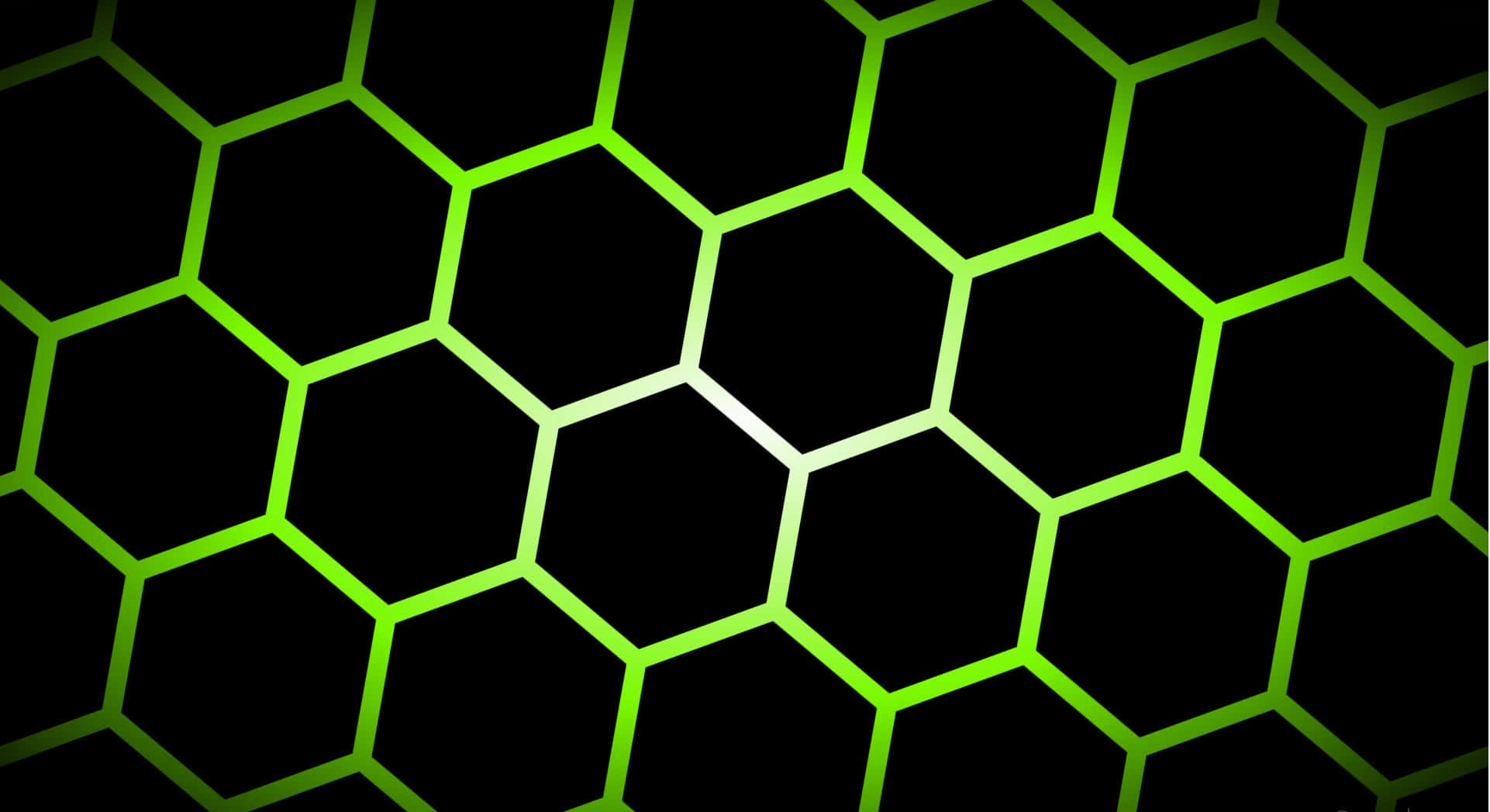 Green And Black 桌布 壁紙 — 充滿活力的綠色發光六邊形在深黑色背景上形成無縫幾何圖案。