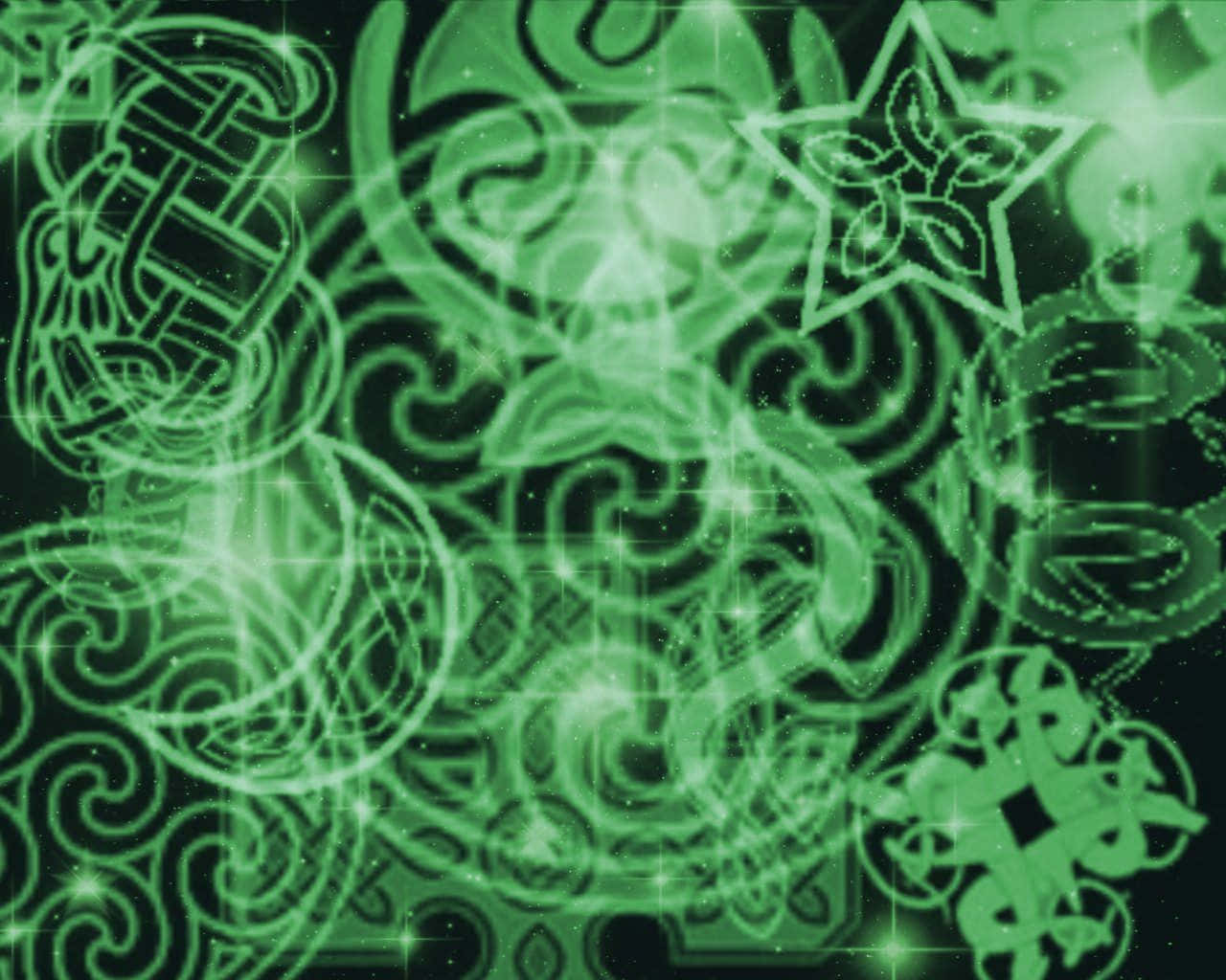 Celtic Irish 桌布 壁紙 — 充滿活力的綠色發光抽象圖案，帶有星星和漩渦，在深色背景上閃爍。