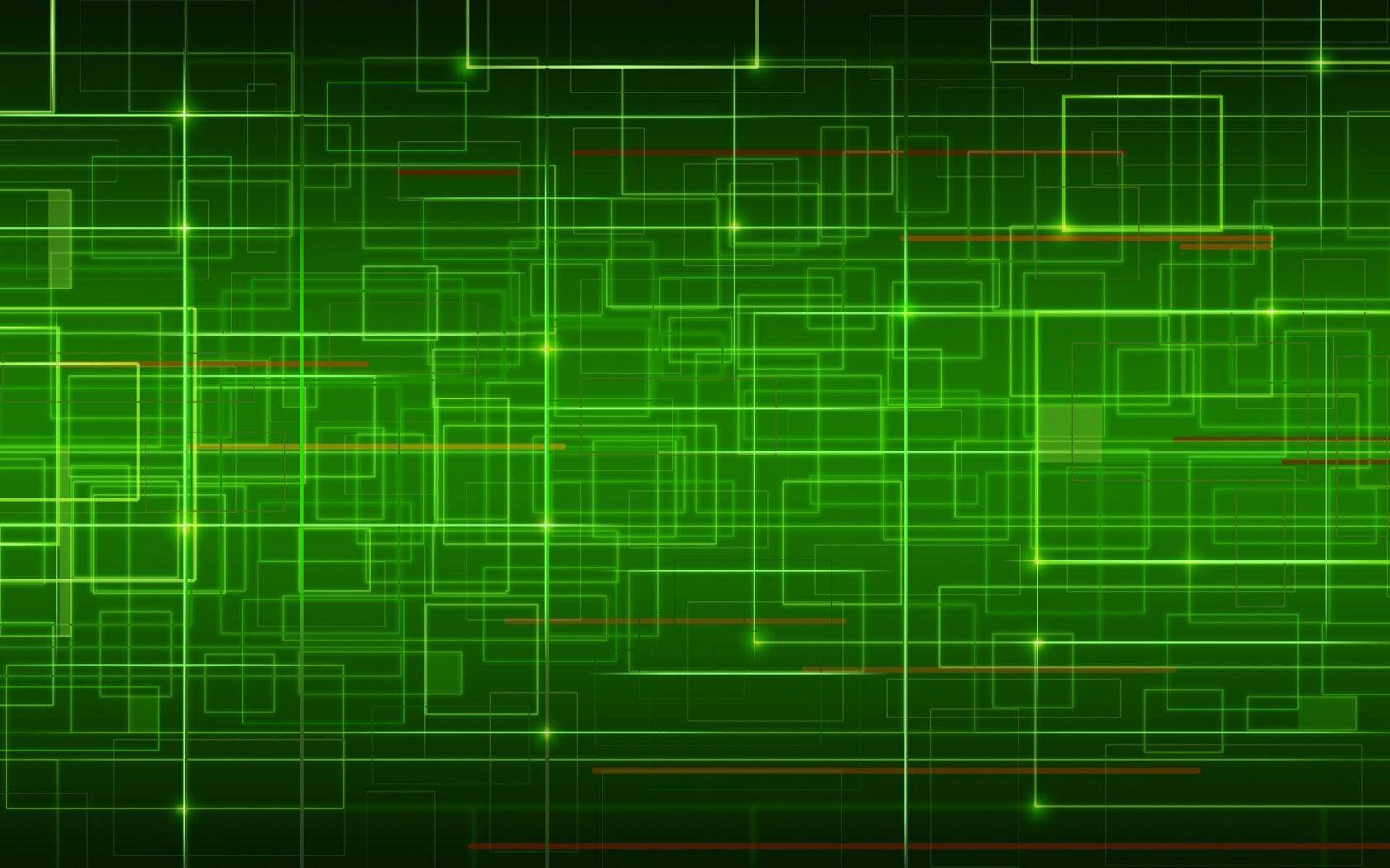 Cyber 桌布 壁紙 — 充滿活力的綠色發光線條和矩形在深色背景上形成未來主義的數字網格，並帶有散落的紅色點綴。