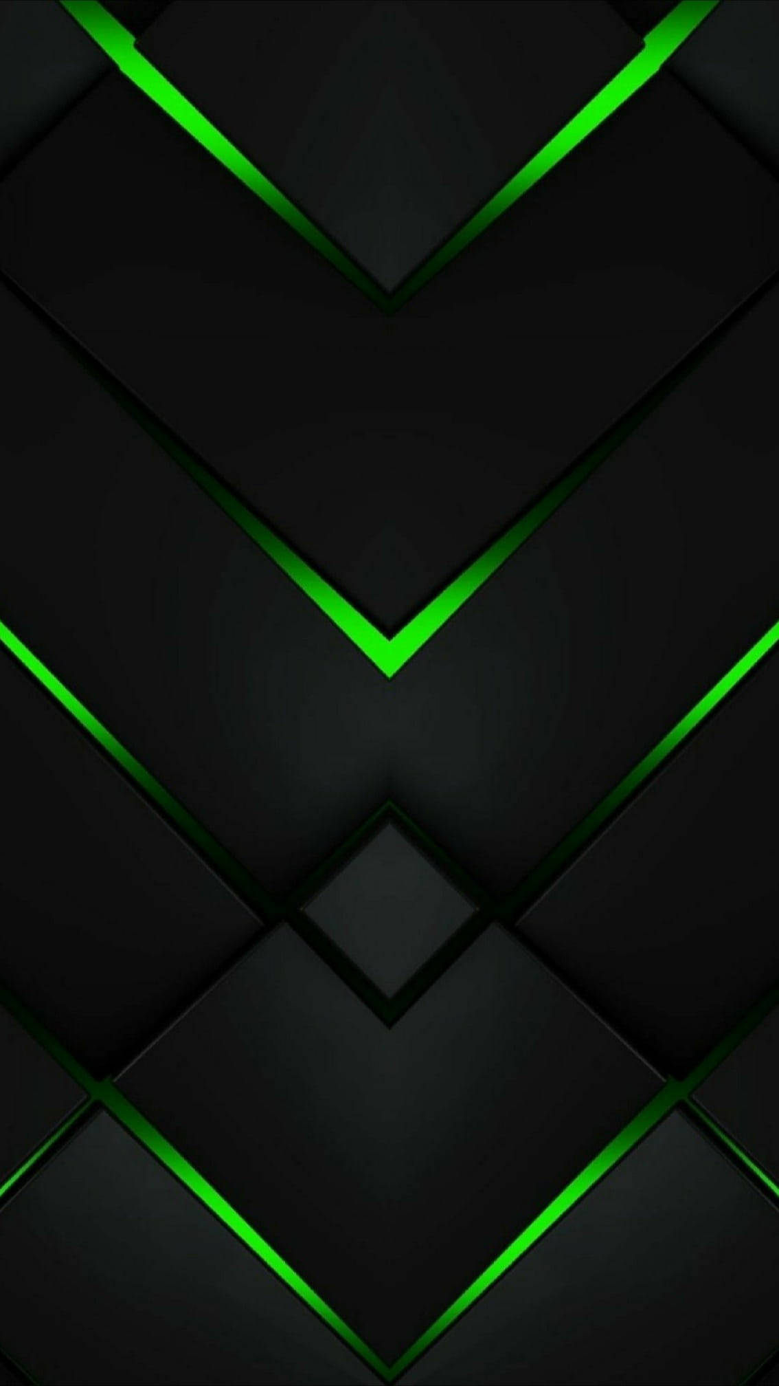 Phone Screen 桌布 壁紙 — 充滿活力的綠色發光線條在光滑的黑色紋理表面上形成幾何chevron圖案。