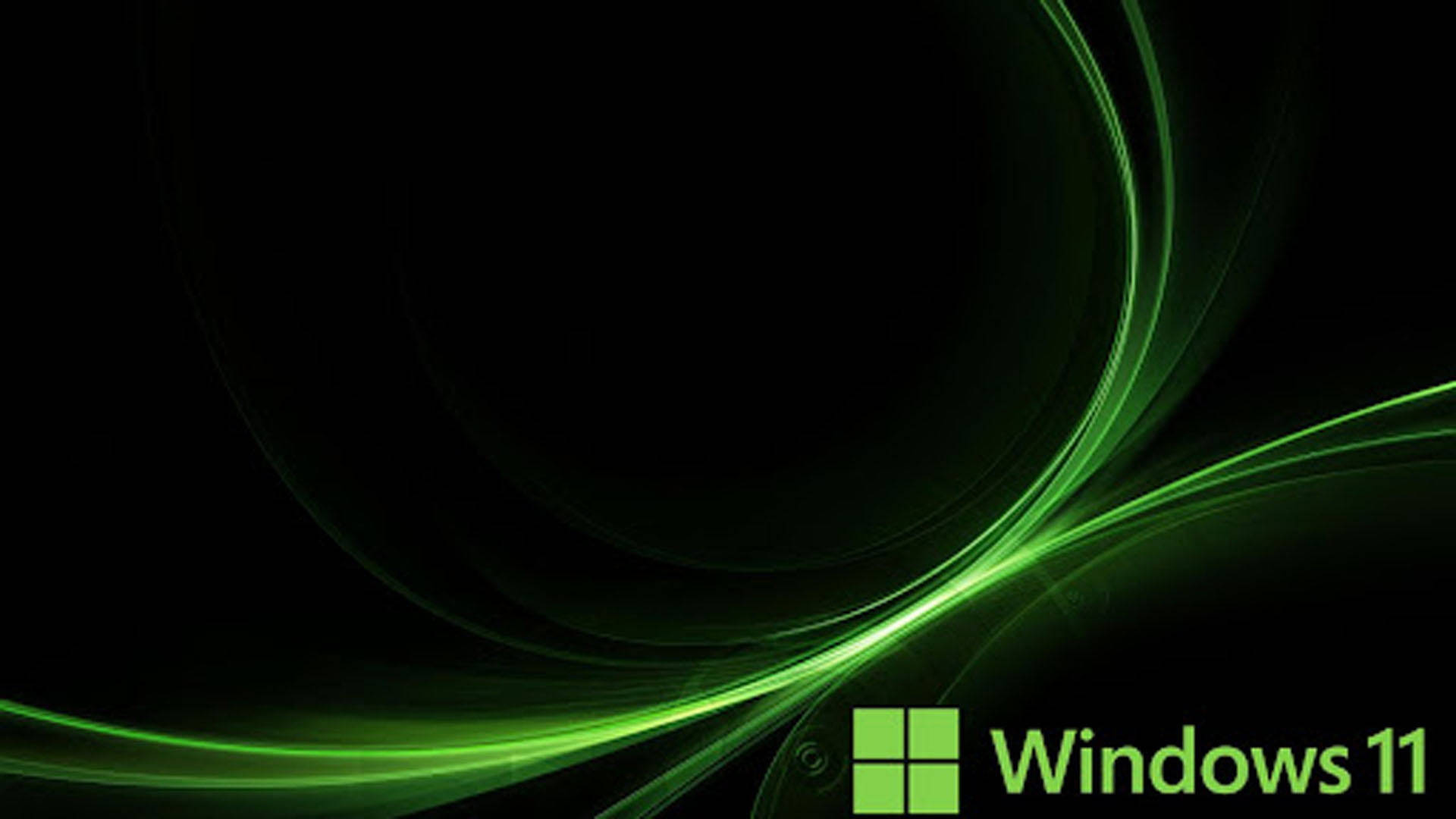 Windows Computer 桌布 壁紙 — 充滿活力的綠色發光線條在深黑色背景上動態旋轉，並帶有 Windows 11 標誌。