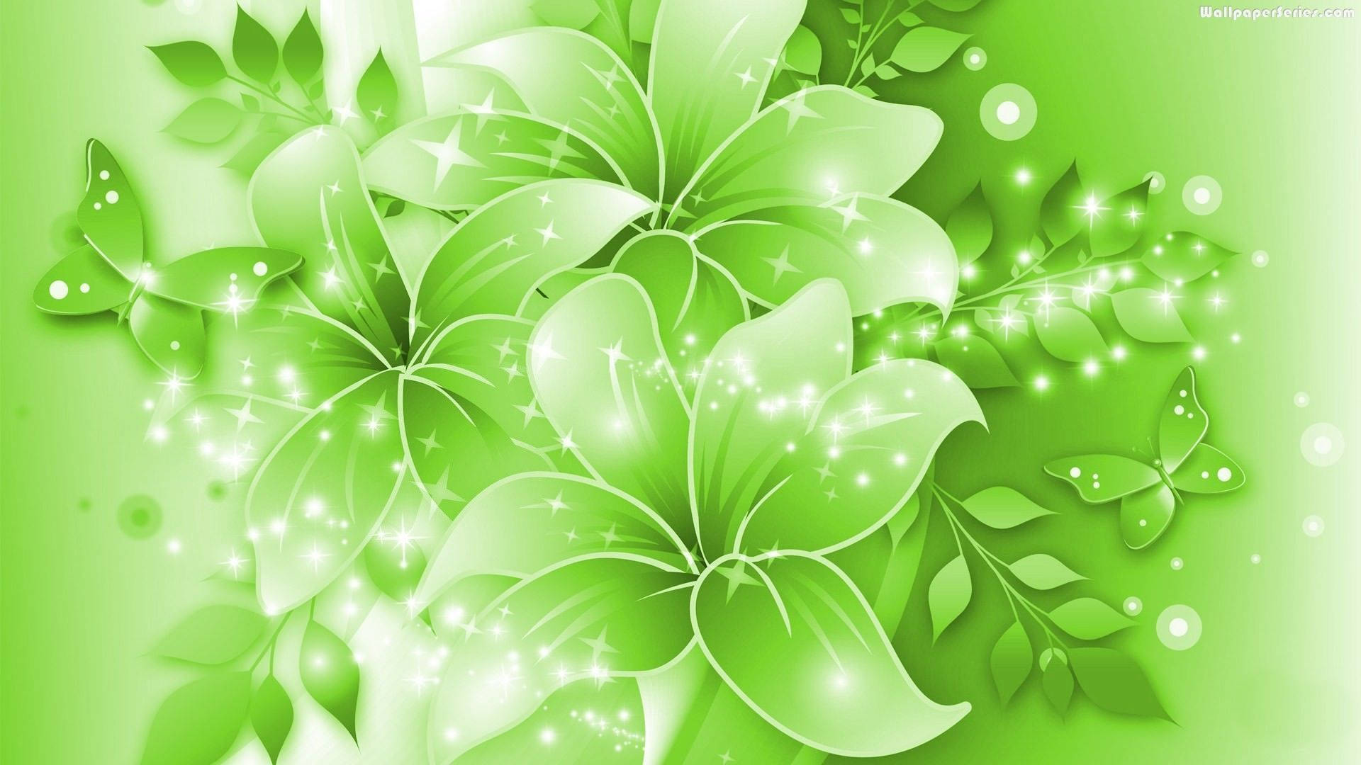 Green Floral 桌布 壁紙 — 充滿活力的綠色百合和葉子在柔和的漸變背景上閃爍著光芒。