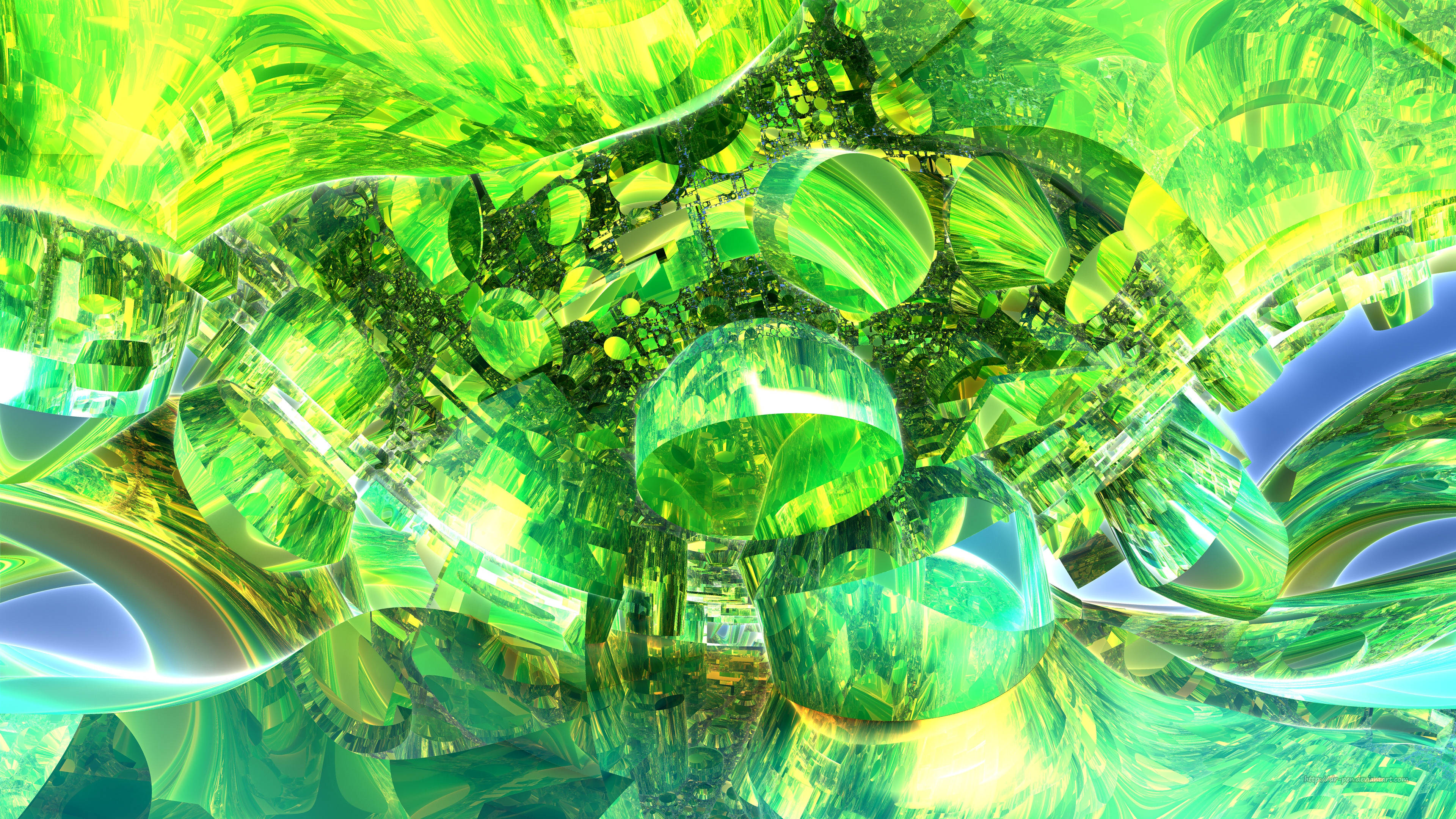 Emerald 桌布 壁紙 — 充滿活力的綠色碎形結構在發光的數位隧道中旋轉，帶有反射表面和霓虹燈亮點。